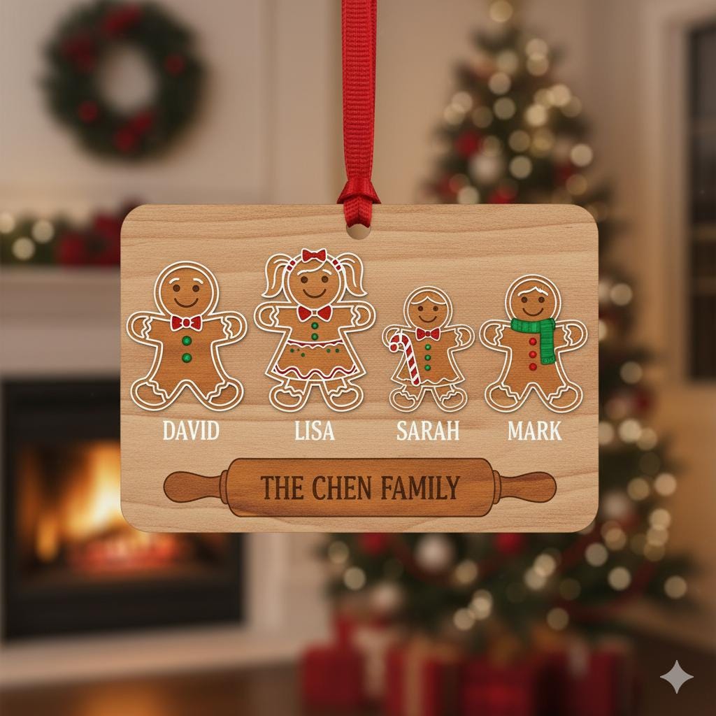 Gingerbread Family Wooden Ornament – Personalized Names & Pets Christmas Decoration