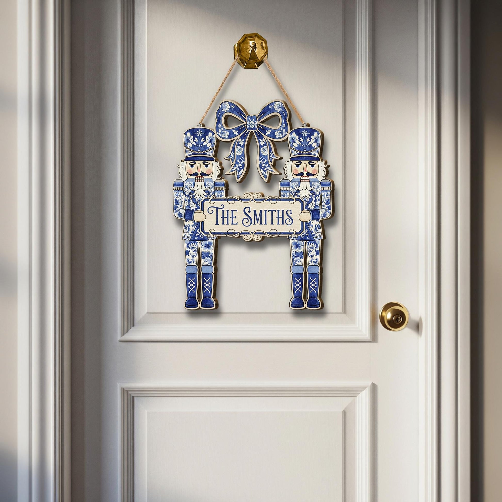 Nutcracker Wooden Sign – Personalized Blue and White Family Christmas Door Hanger