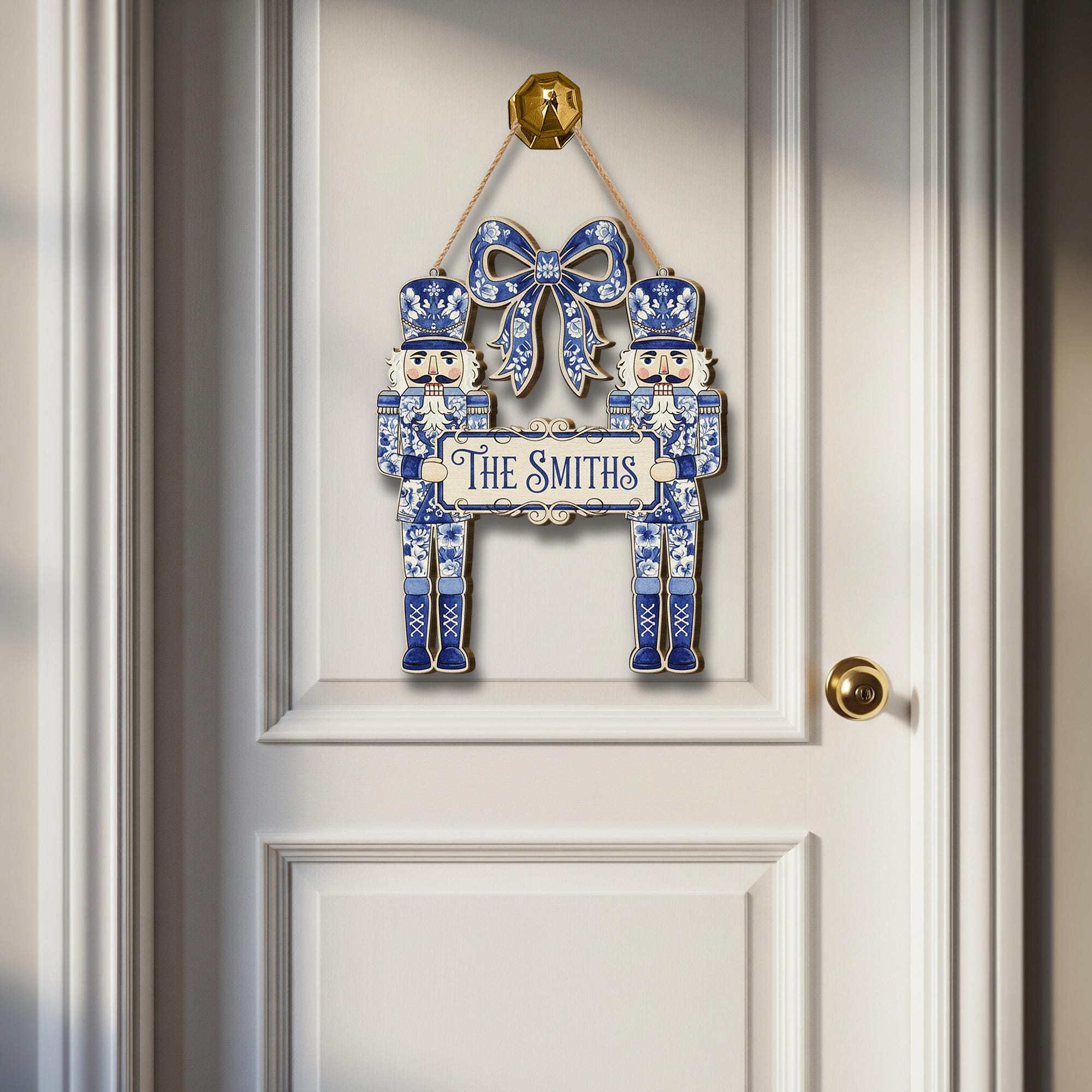 Nutcracker Wooden Sign – Personalized Blue and White Family Christmas Door Hanger