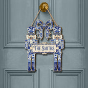 Nutcracker Wooden Sign – Personalized Blue and White Family Christmas Door Hanger