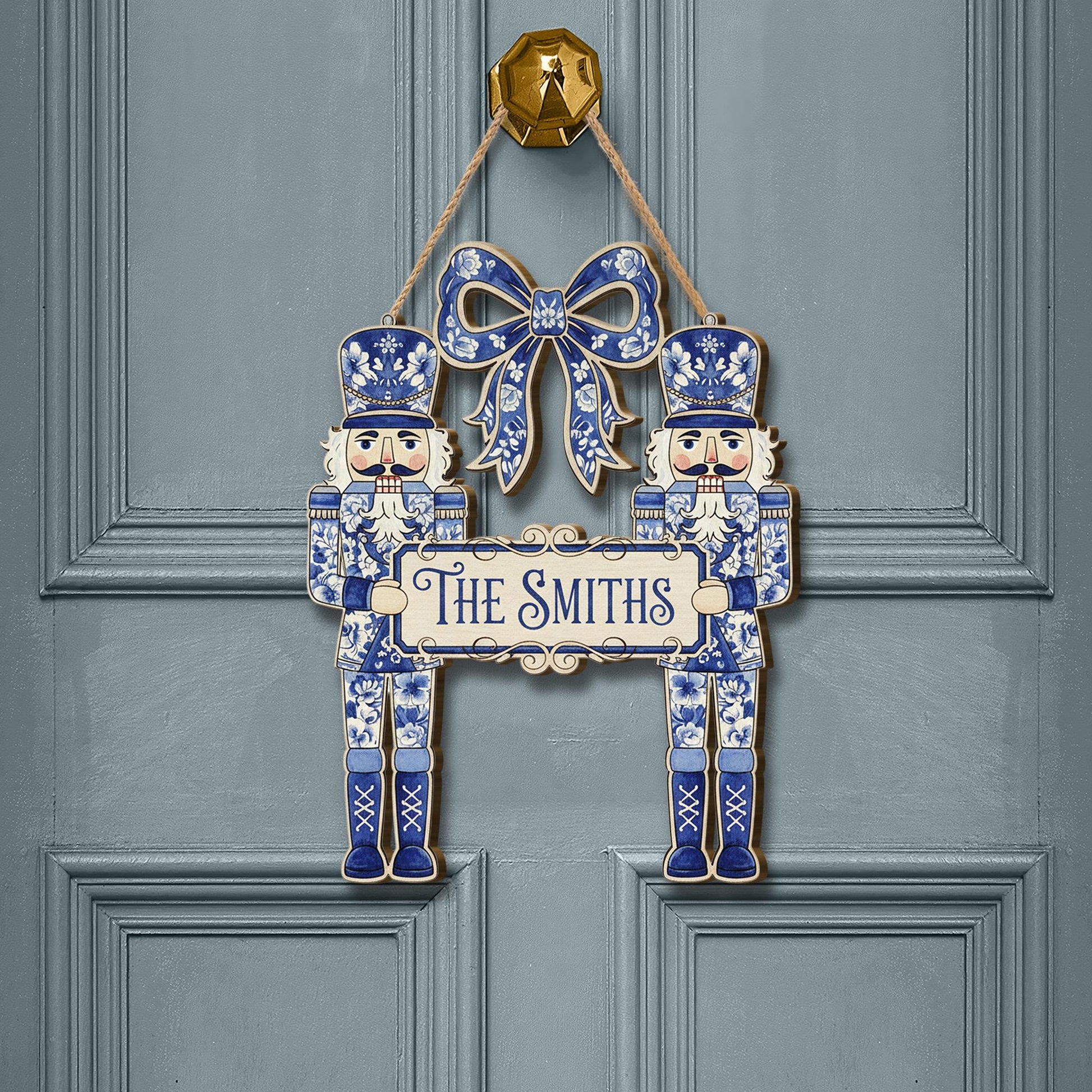 Nutcracker Wooden Sign – Personalized Blue and White Family Christmas Door Hanger