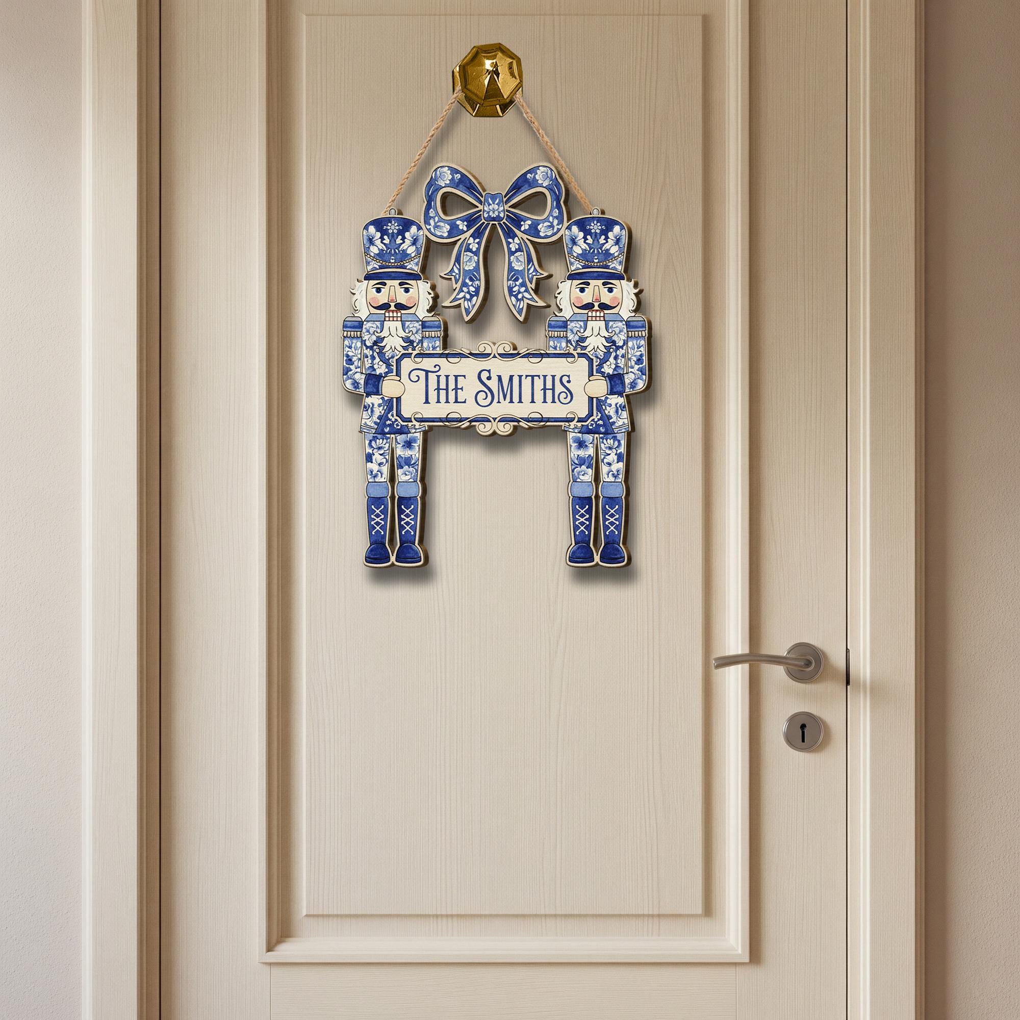 Nutcracker Wooden Sign – Personalized Blue and White Family Christmas Door Hanger