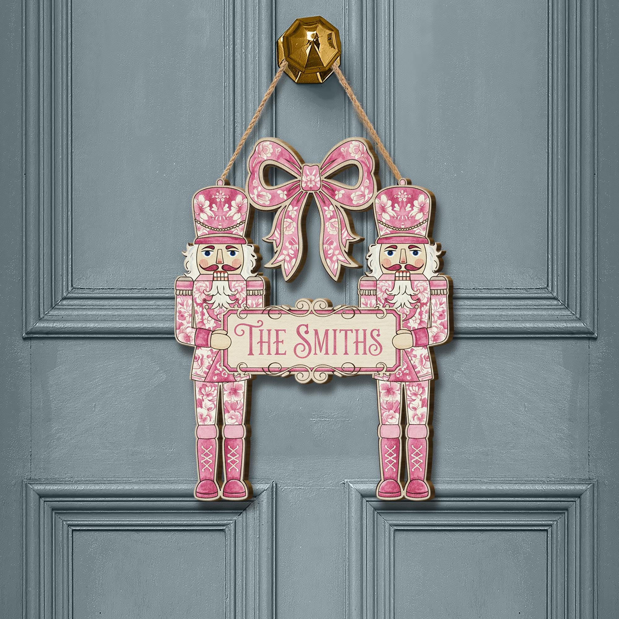 Pink Nutcracker Wooden Sign – Personalized Family Name Christmas Door Hanger