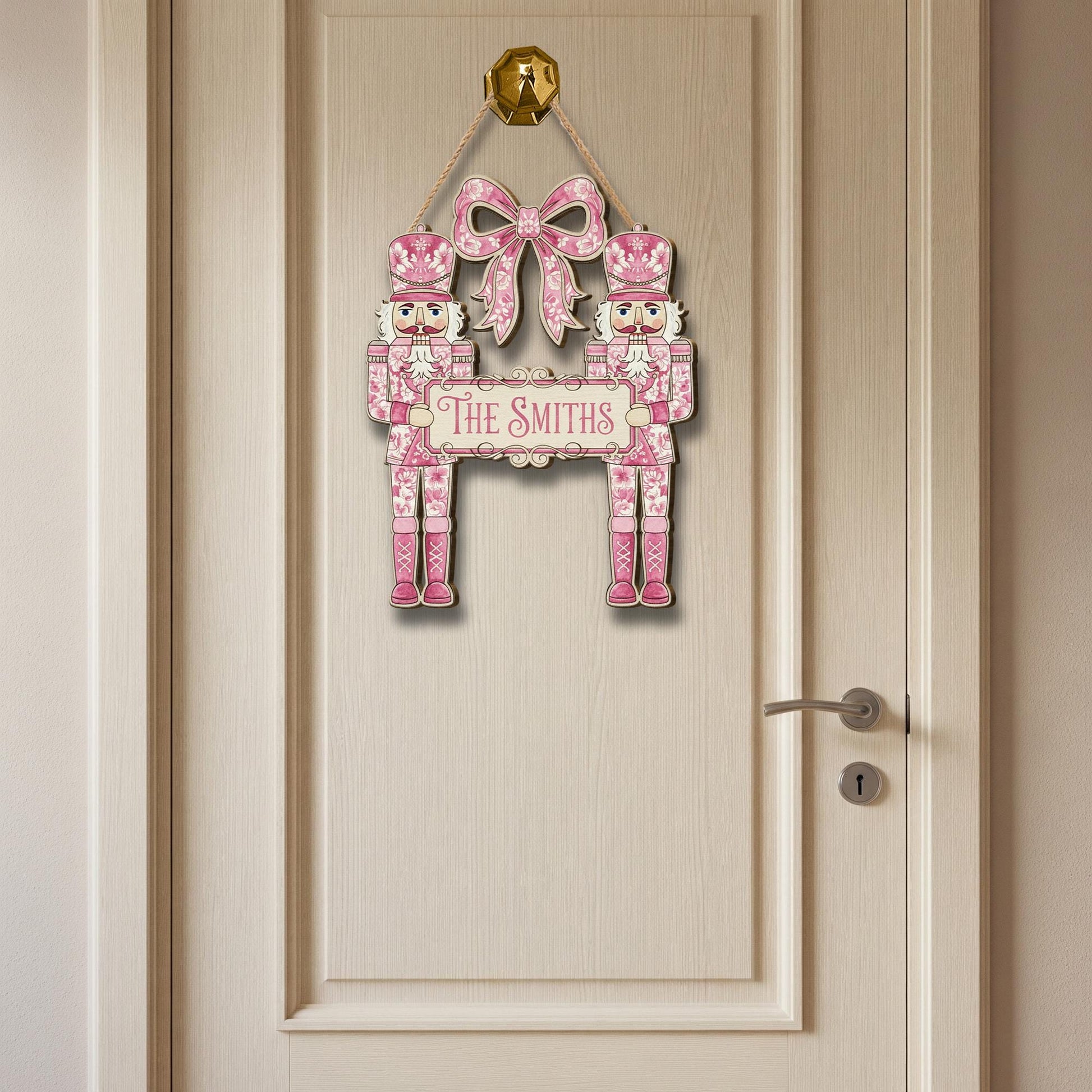 Pink Nutcracker Wooden Sign – Personalized Family Name Christmas Door Hanger