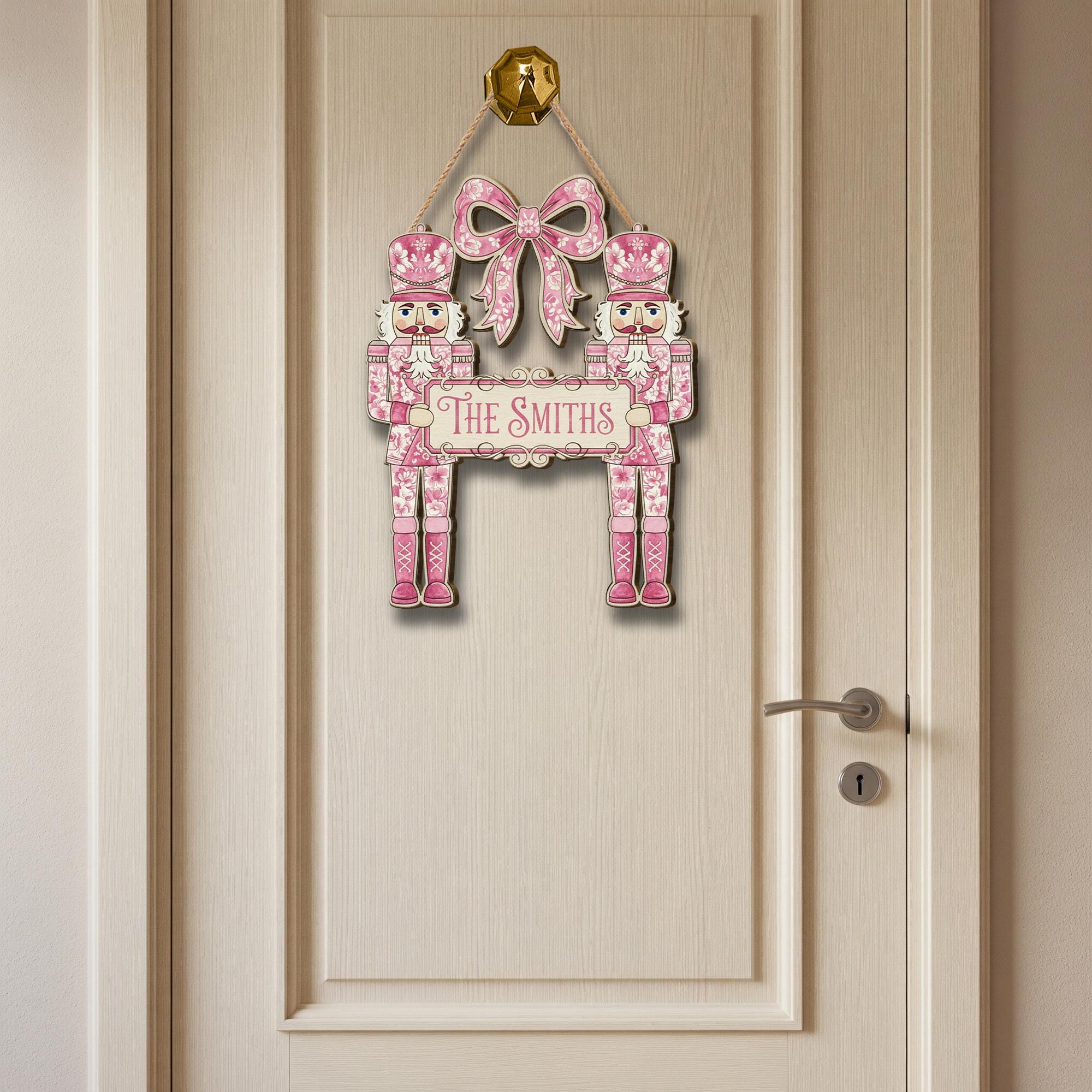 Pink Nutcracker Wooden Sign – Personalized Family Name Christmas Door Hanger