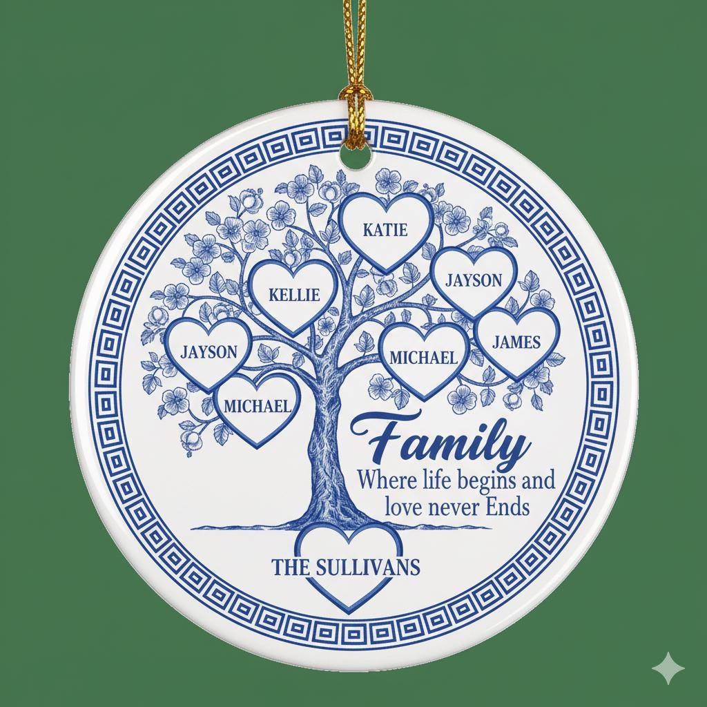 Family Tree Ornament – Personalized Ceramic Keepsake with Names & Family Quote