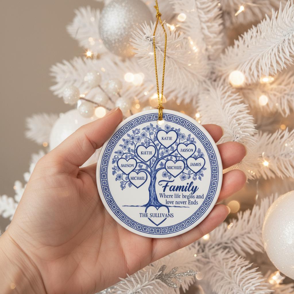 Family Tree Ornament – Personalized Ceramic Keepsake with Names & Family Quote