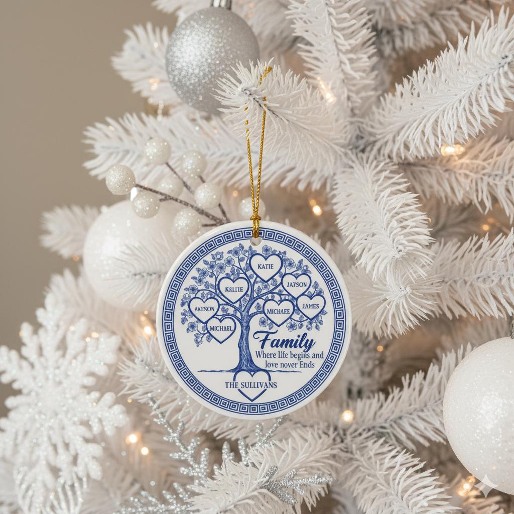 Family Tree Ornament – Personalized Ceramic Keepsake with Names & Family Quote