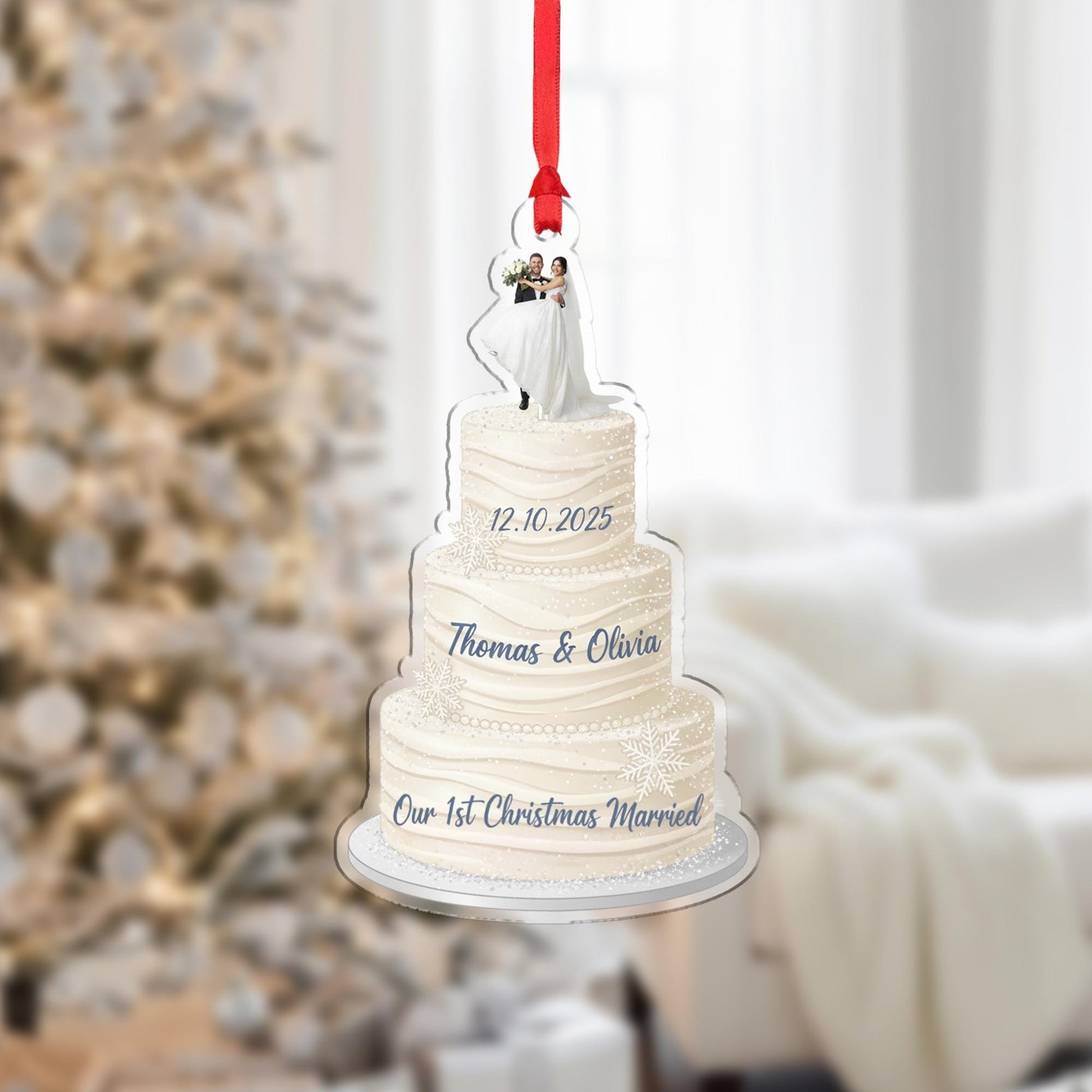 Personalized Wedding Cake Christmas Ornament – Acrylic Hanging Decoration with Bride and Groom Design