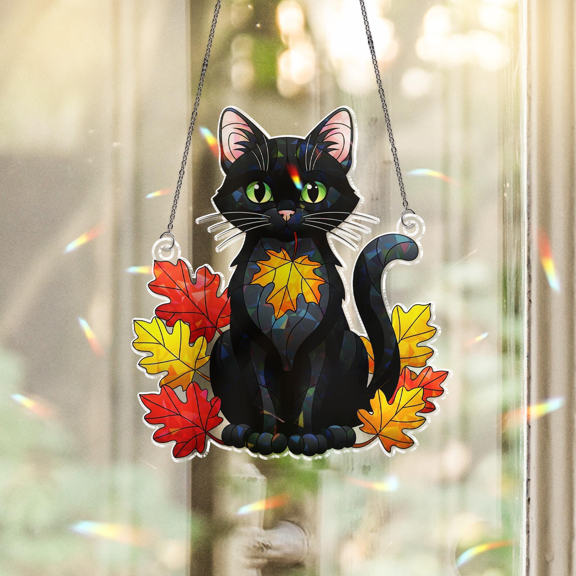Black Cat Fall Window Hanging: Autumn Hologram Acrylic Suncatcher