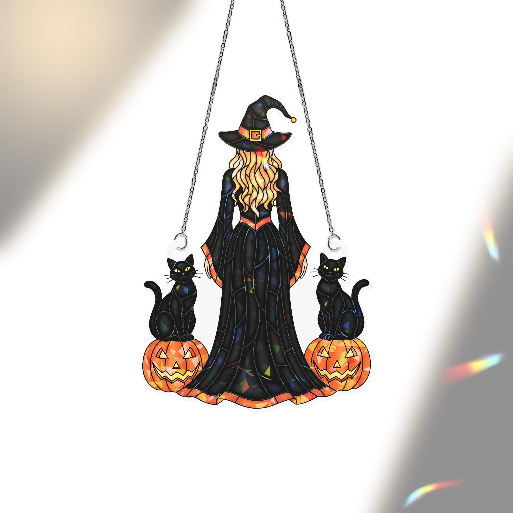 Witch Halloween Window Hanging: Acrylic Pumpkin Witch Hologram Suncatcher