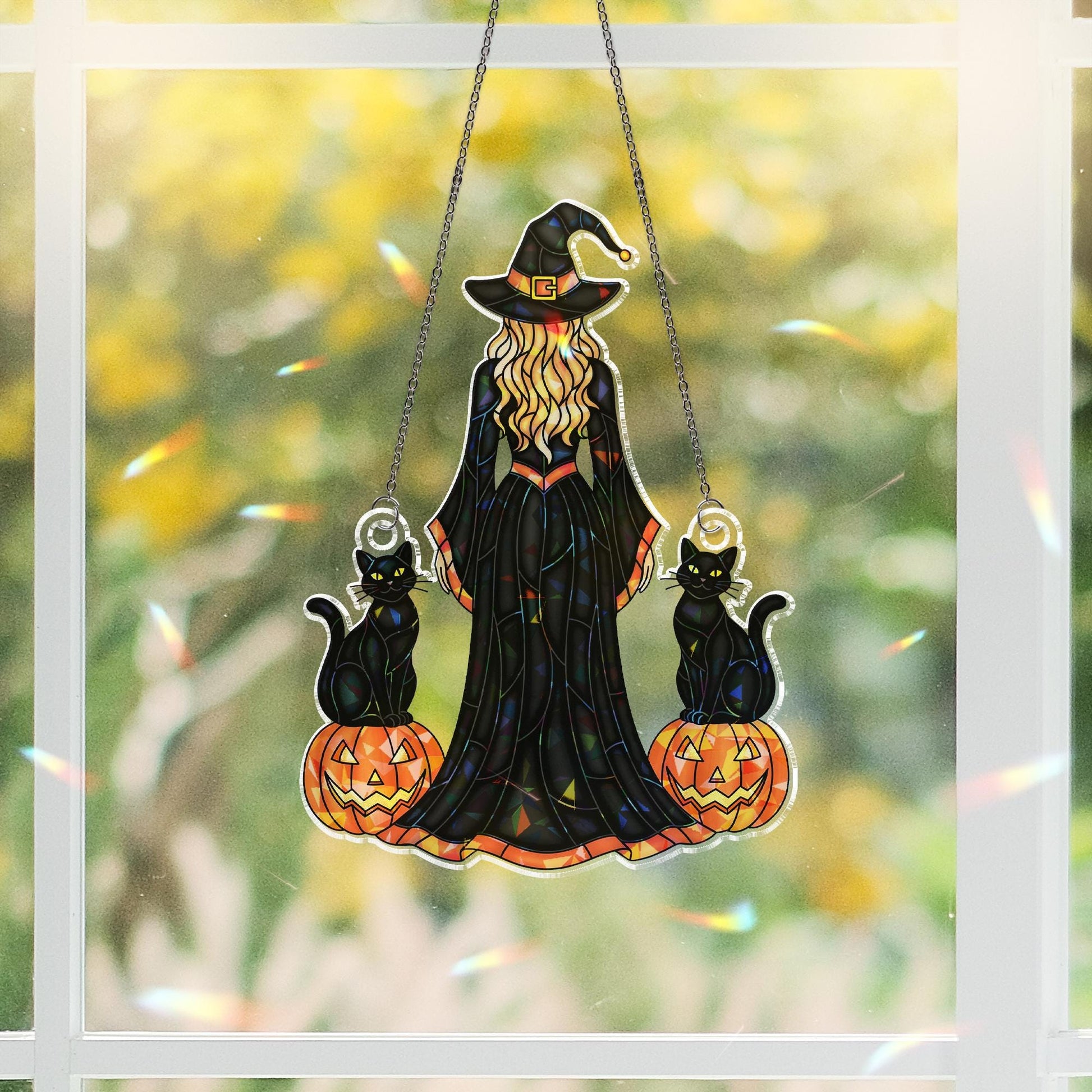 Witch Halloween Window Hanging: Acrylic Pumpkin Witch Hologram Suncatcher