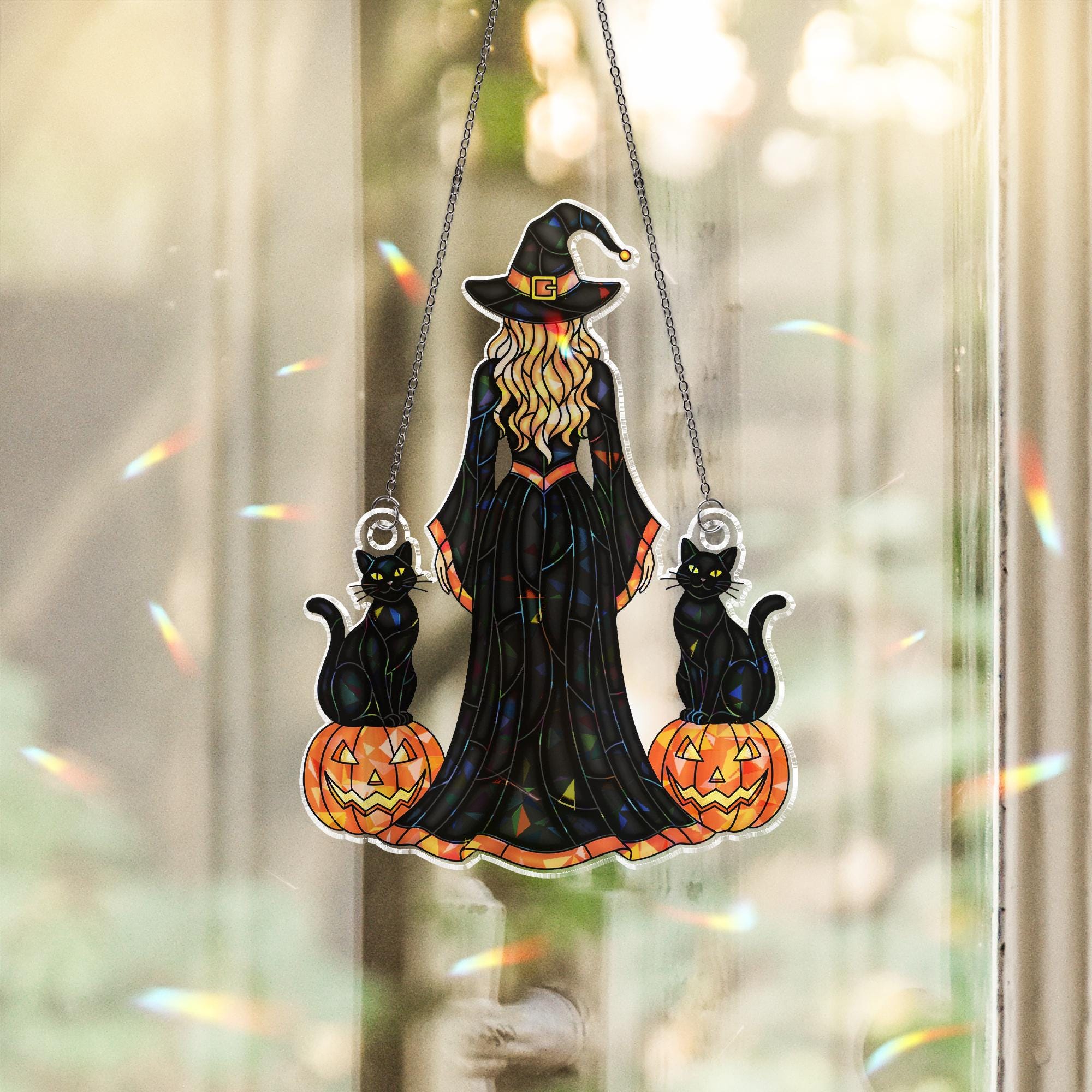 Witch Halloween Window Hanging: Acrylic Pumpkin Witch Hologram Suncatcher