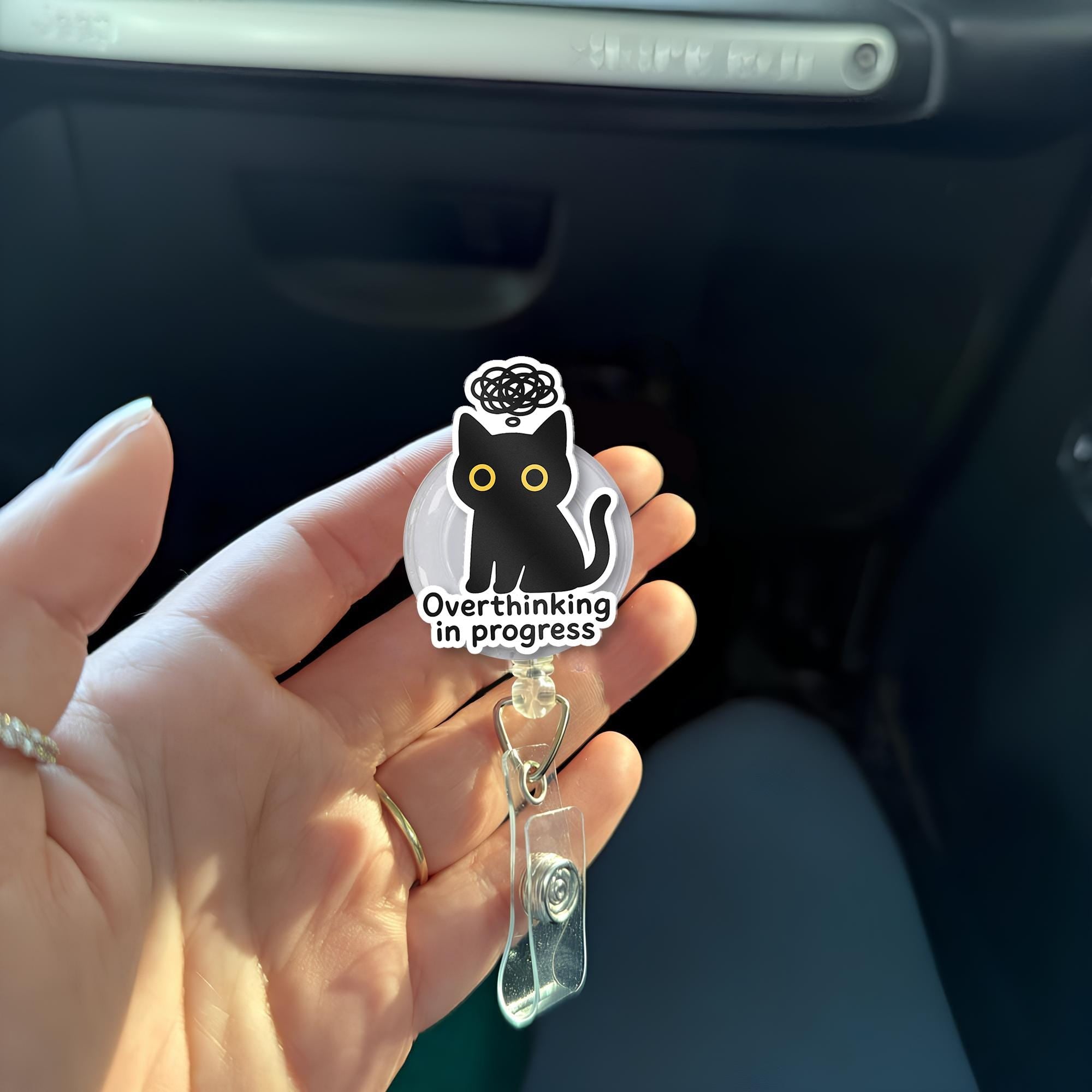 Overthinking In Progress Cat Badge Reel – Black Cat Acrylic Nurse ID Holder