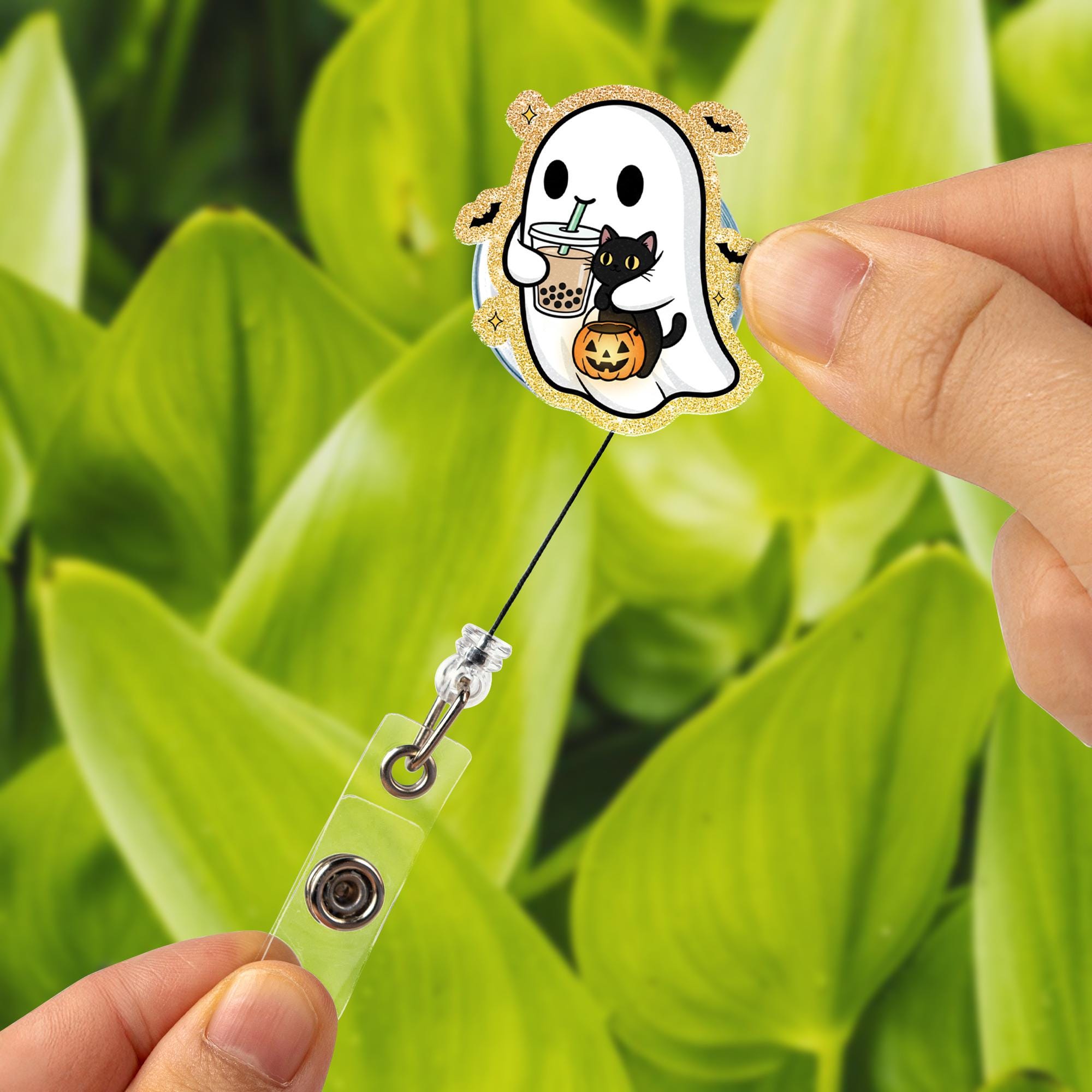 Halloween Ghost Badge Reel: Spooky Black Cat ID Holder