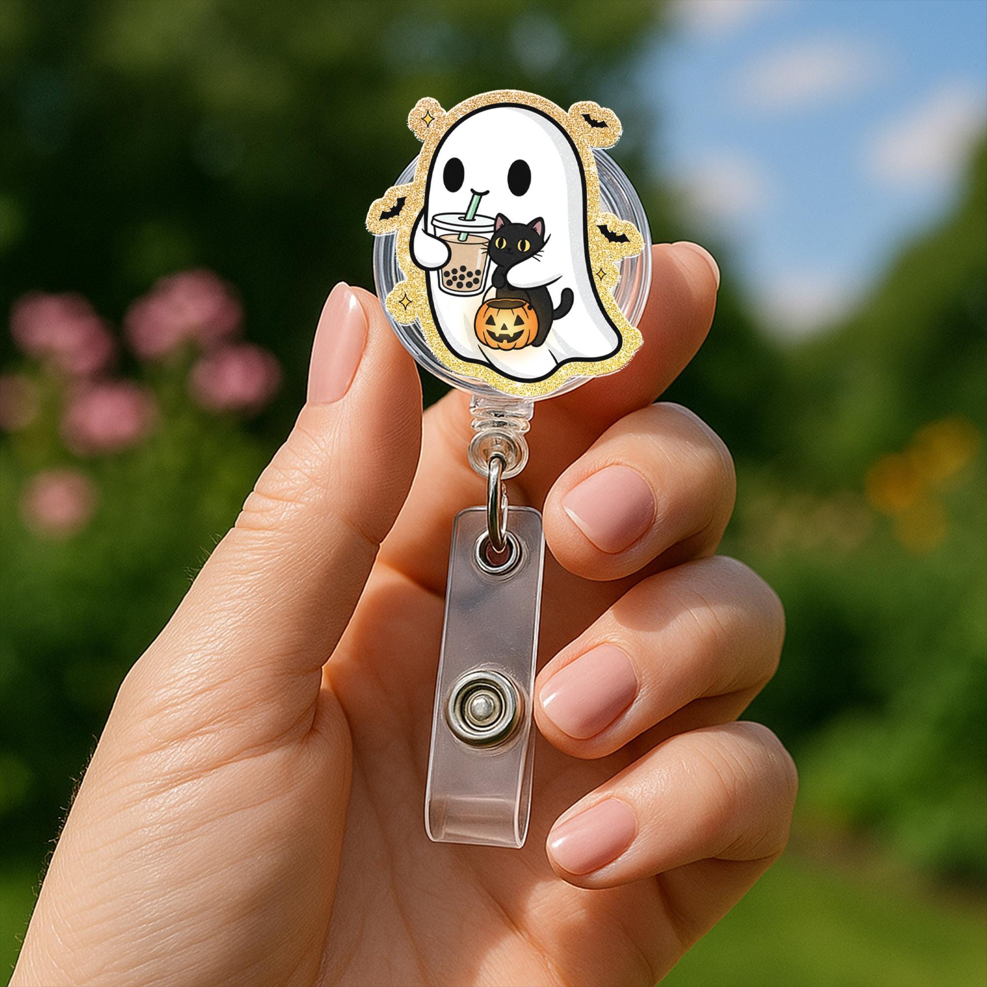Halloween Ghost Badge Reel: Spooky Black Cat ID Holder