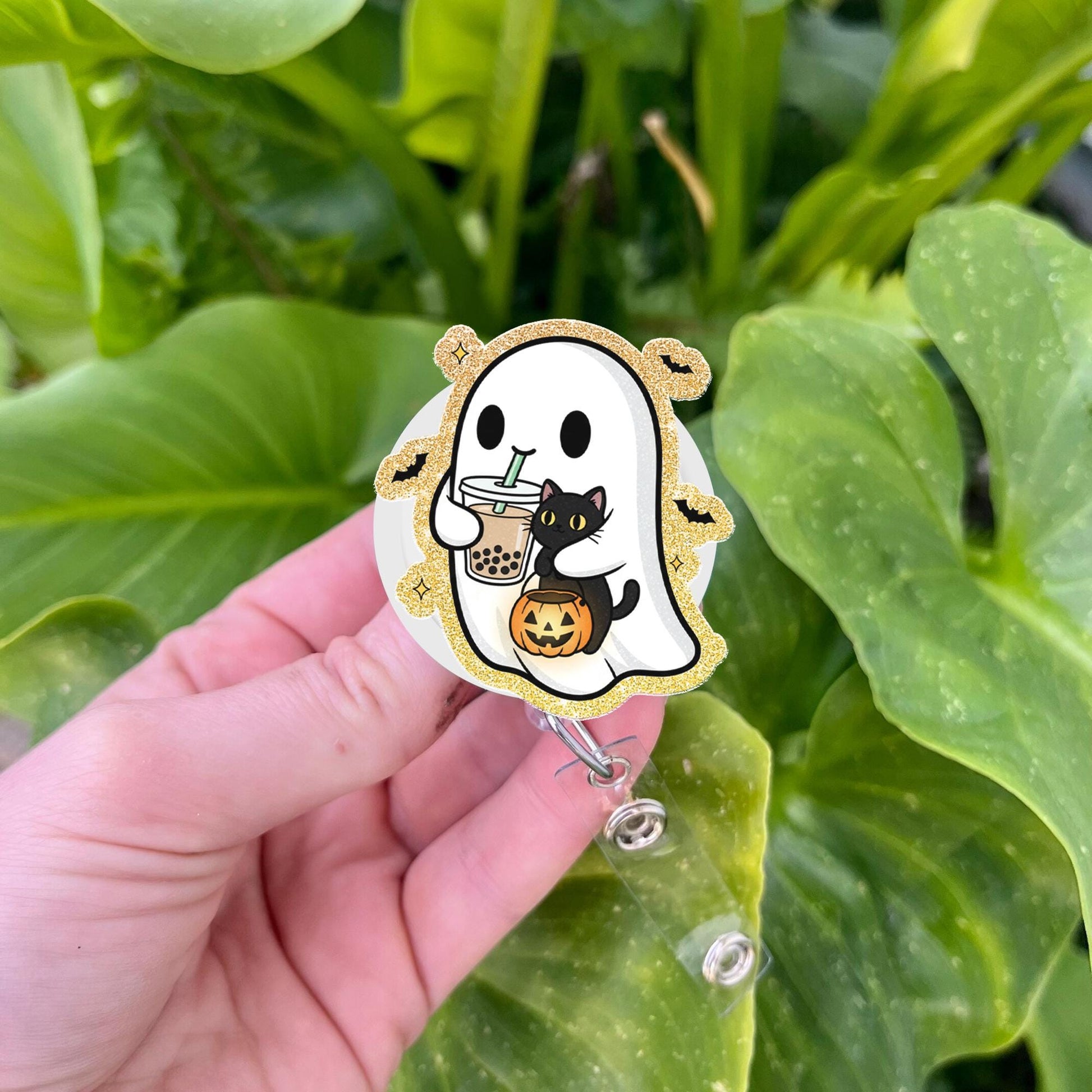 Halloween Ghost Badge Reel: Spooky Black Cat ID Holder