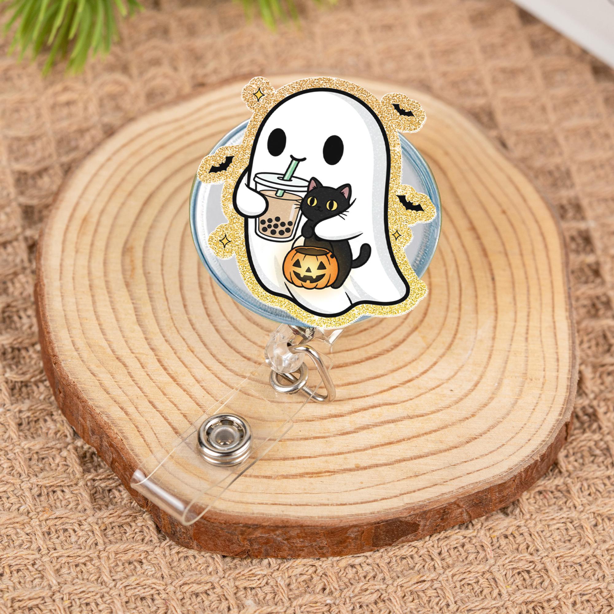 Halloween Ghost Badge Reel: Spooky Black Cat ID Holder