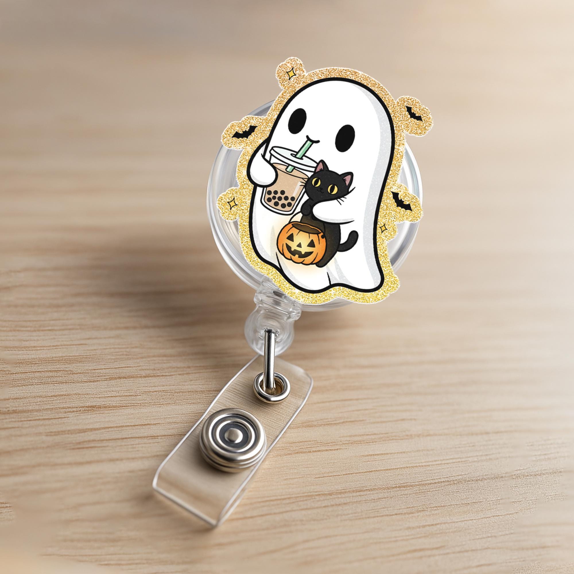 Halloween Ghost Badge Reel: Spooky Black Cat ID Holder