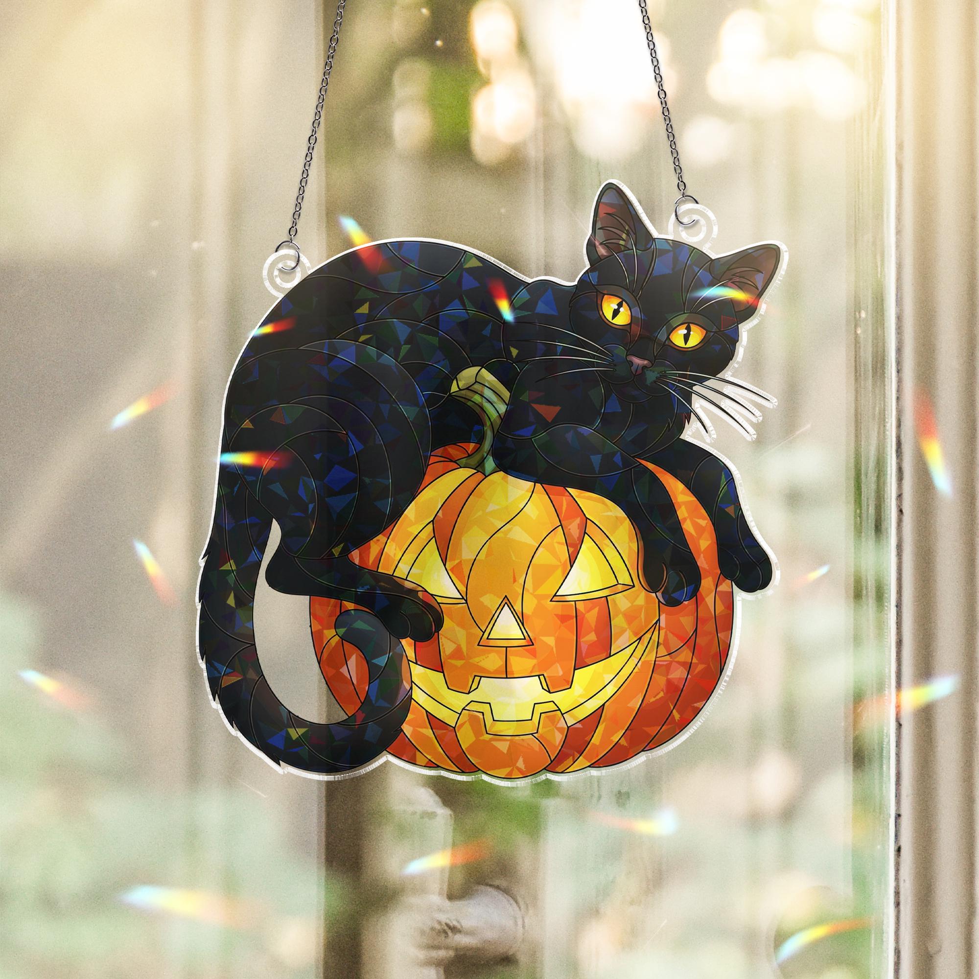 Black Cat Pumpkin Hologram Window Hanging : Halloween Acrylic Sun Catcher