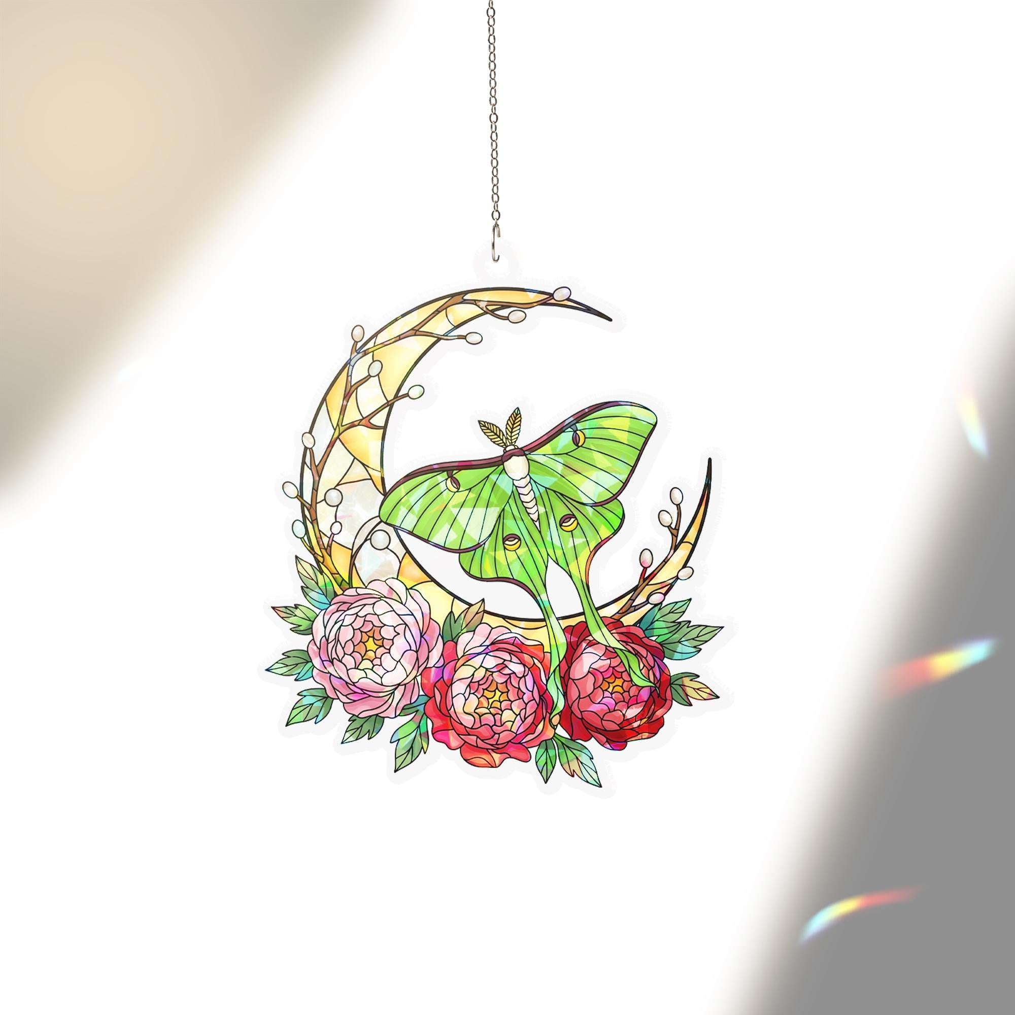 Holographic Luna Moth Suncatcher: Boho Stained Glass Style Window Hanging