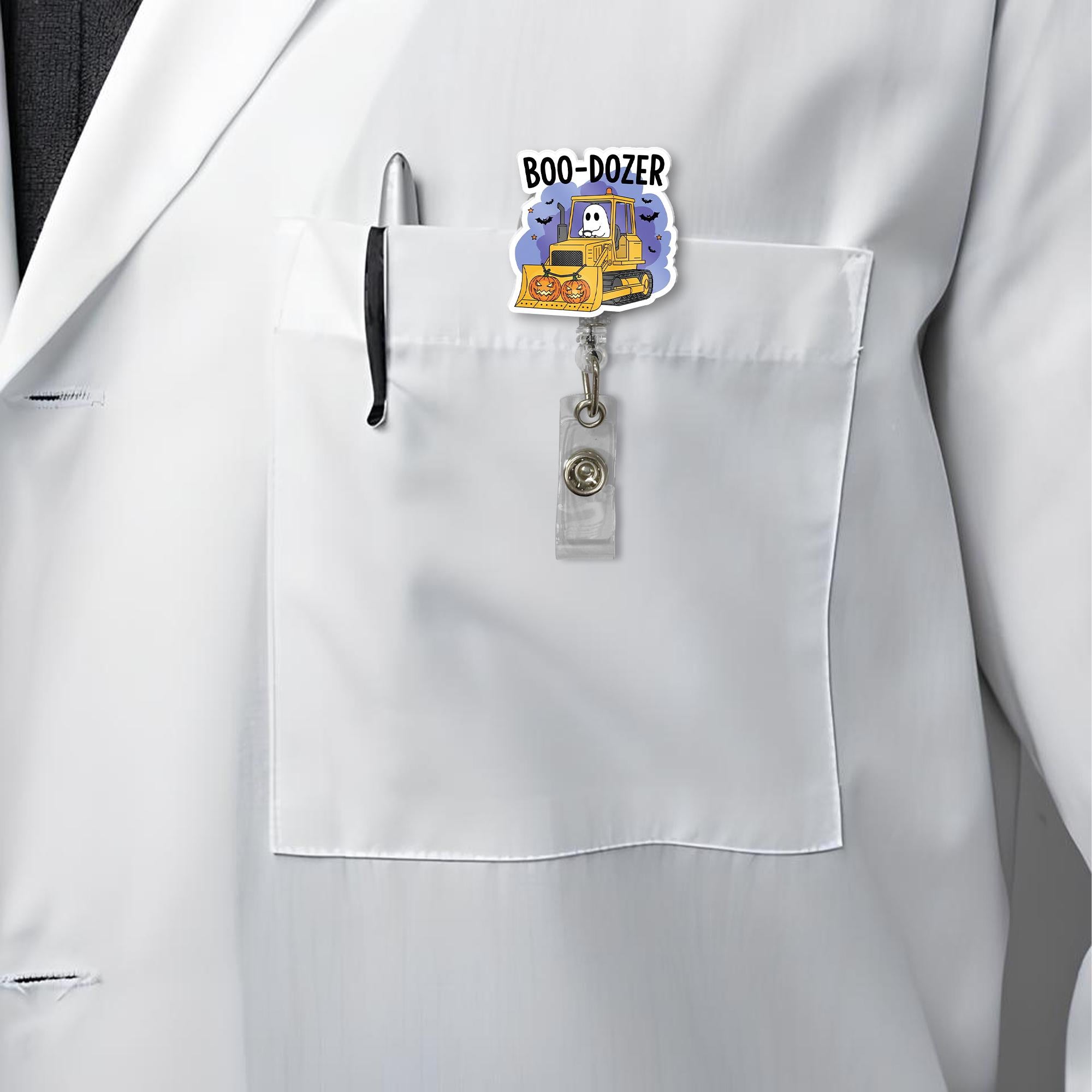 Boo Dozer Badge Reel: Halloween Ghost Bulldozer Retractable ID Holder