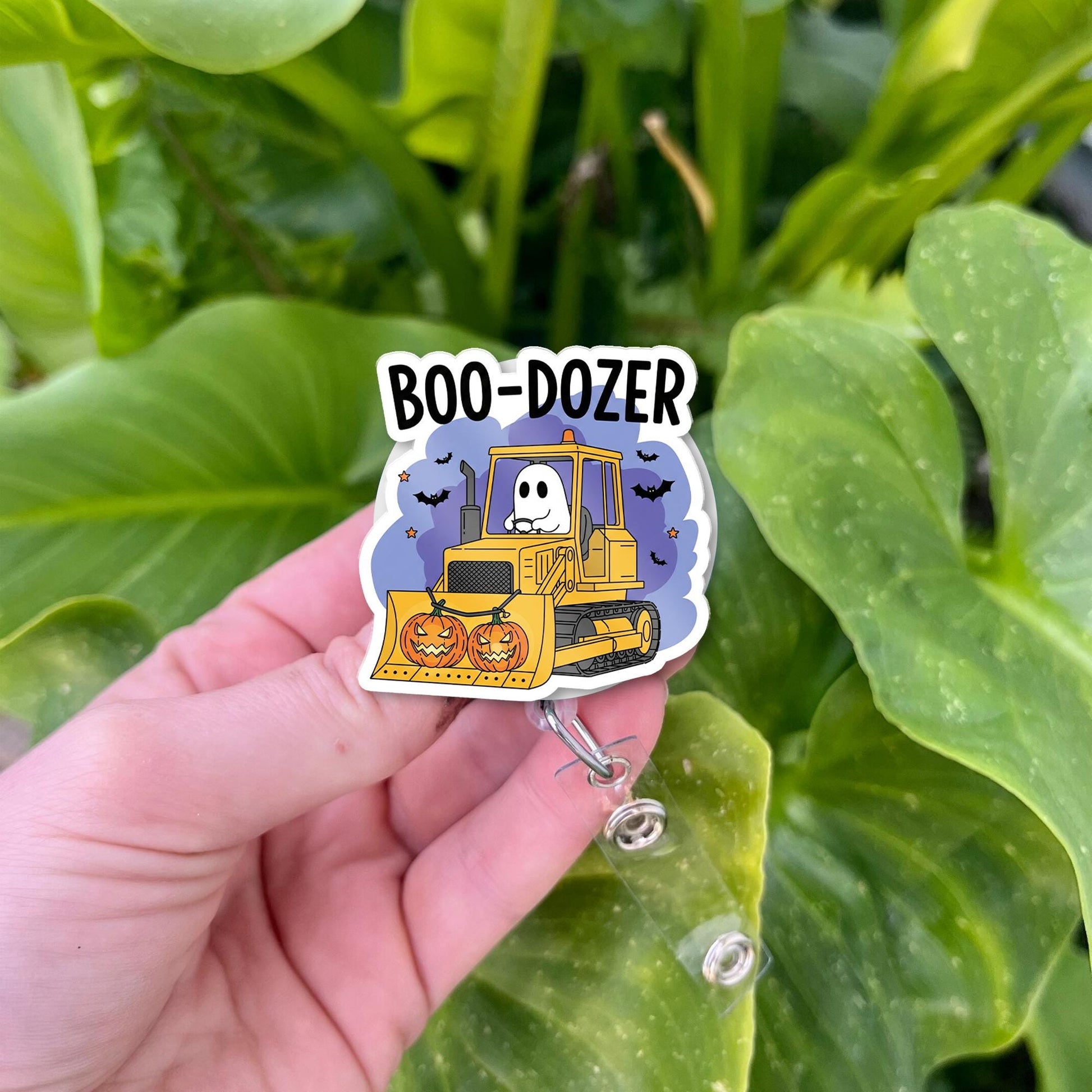 Boo Dozer Badge Reel: Halloween Ghost Bulldozer Retractable ID Holder