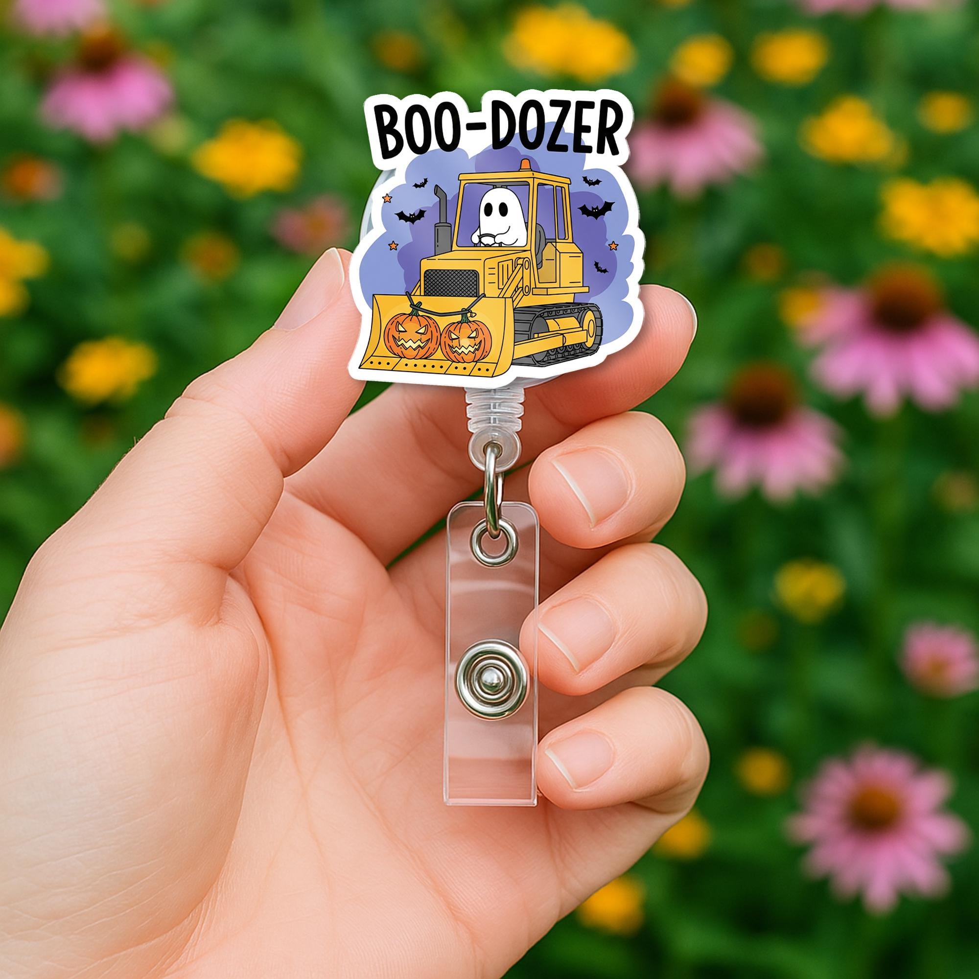 Boo Dozer Badge Reel: Halloween Ghost Bulldozer Retractable ID Holder