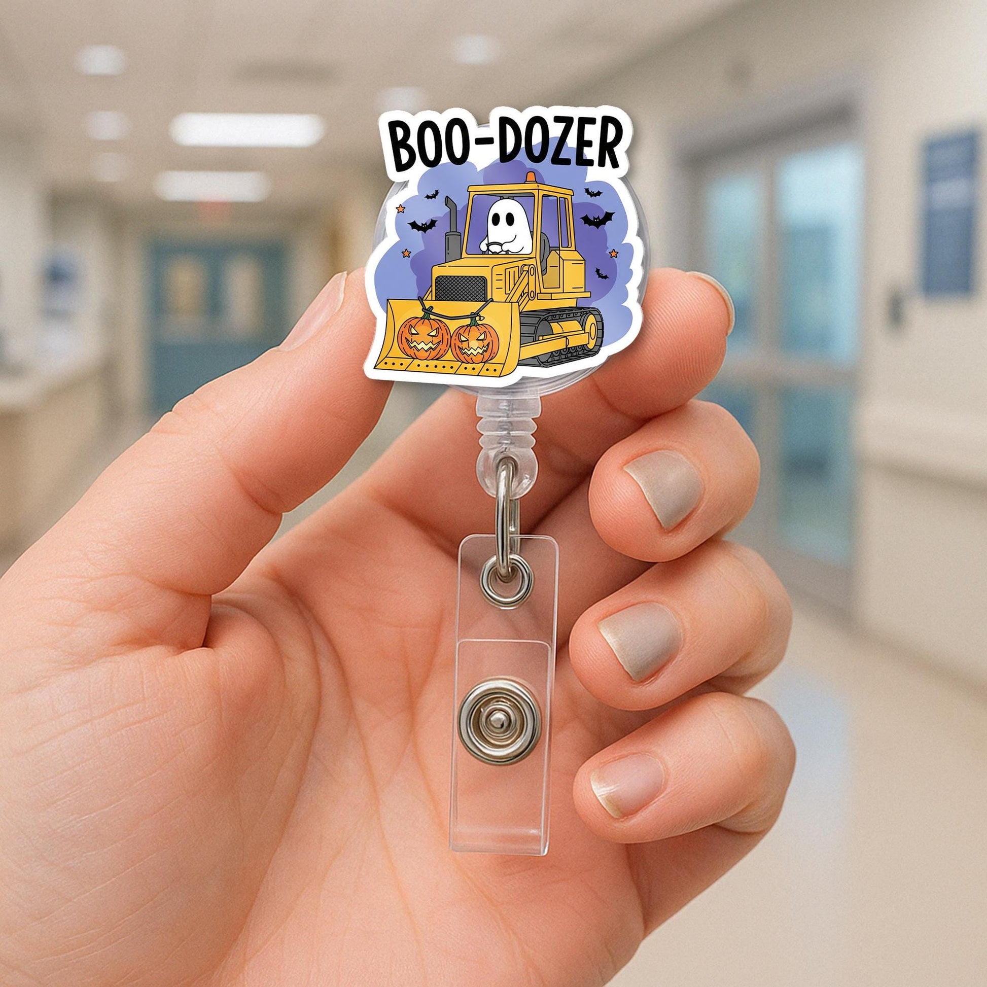 Boo Dozer Badge Reel: Halloween Ghost Bulldozer Retractable ID Holder