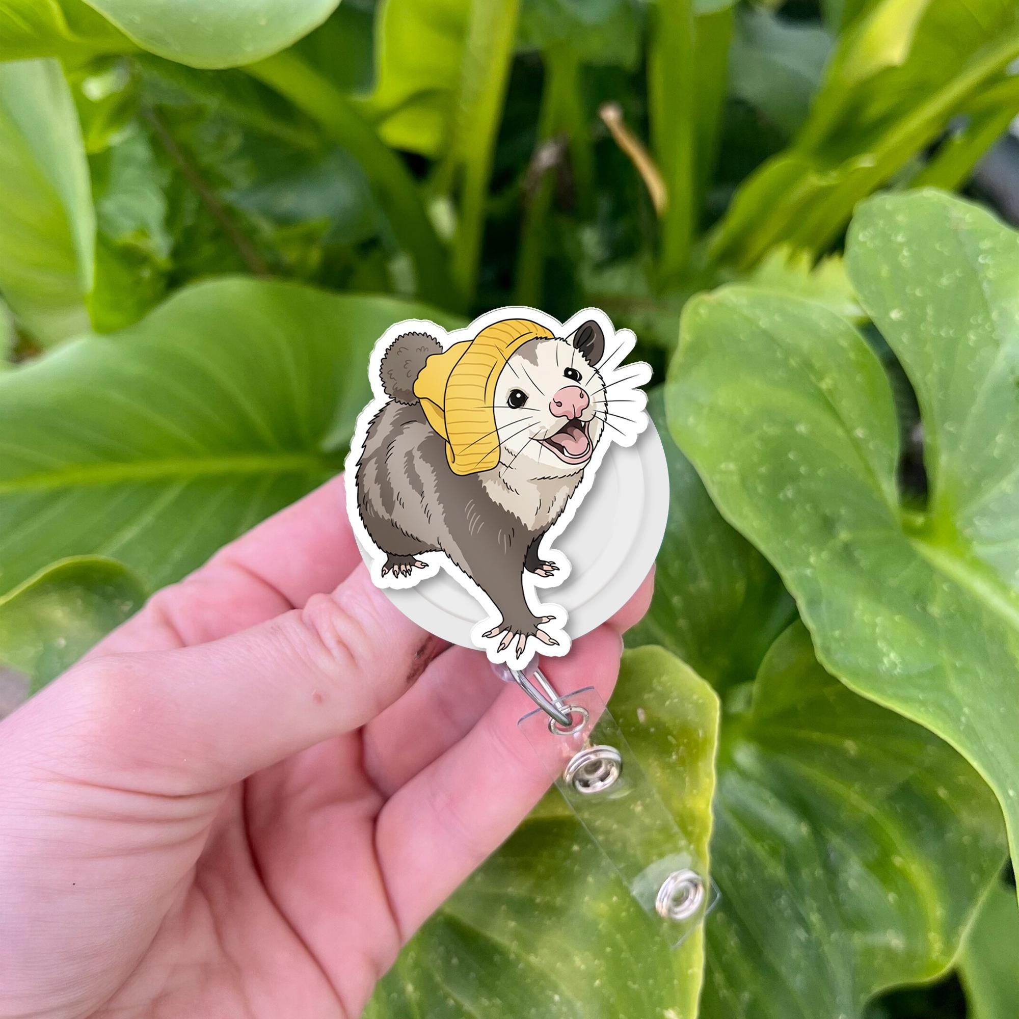 Cute Possum Badge Reel, Funny Opossum ID Holder, Animal Retractable Name Tag Clip, Quirky Work Accessory for Nurses & Teachers