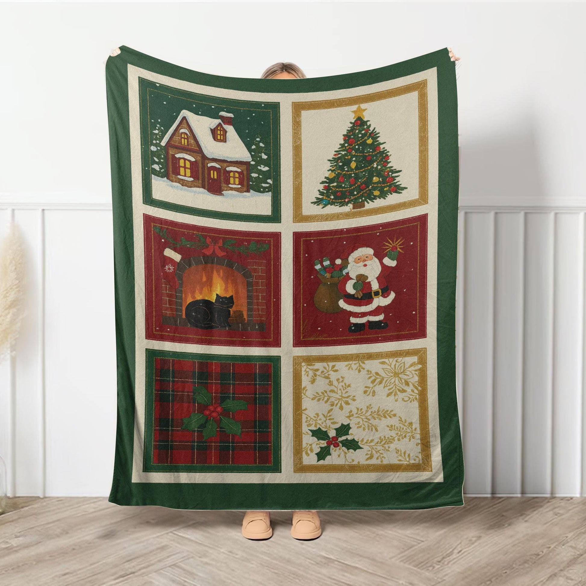 Christmas Fleece Blanket | Holiday Patchwork style Santa Tree Decor