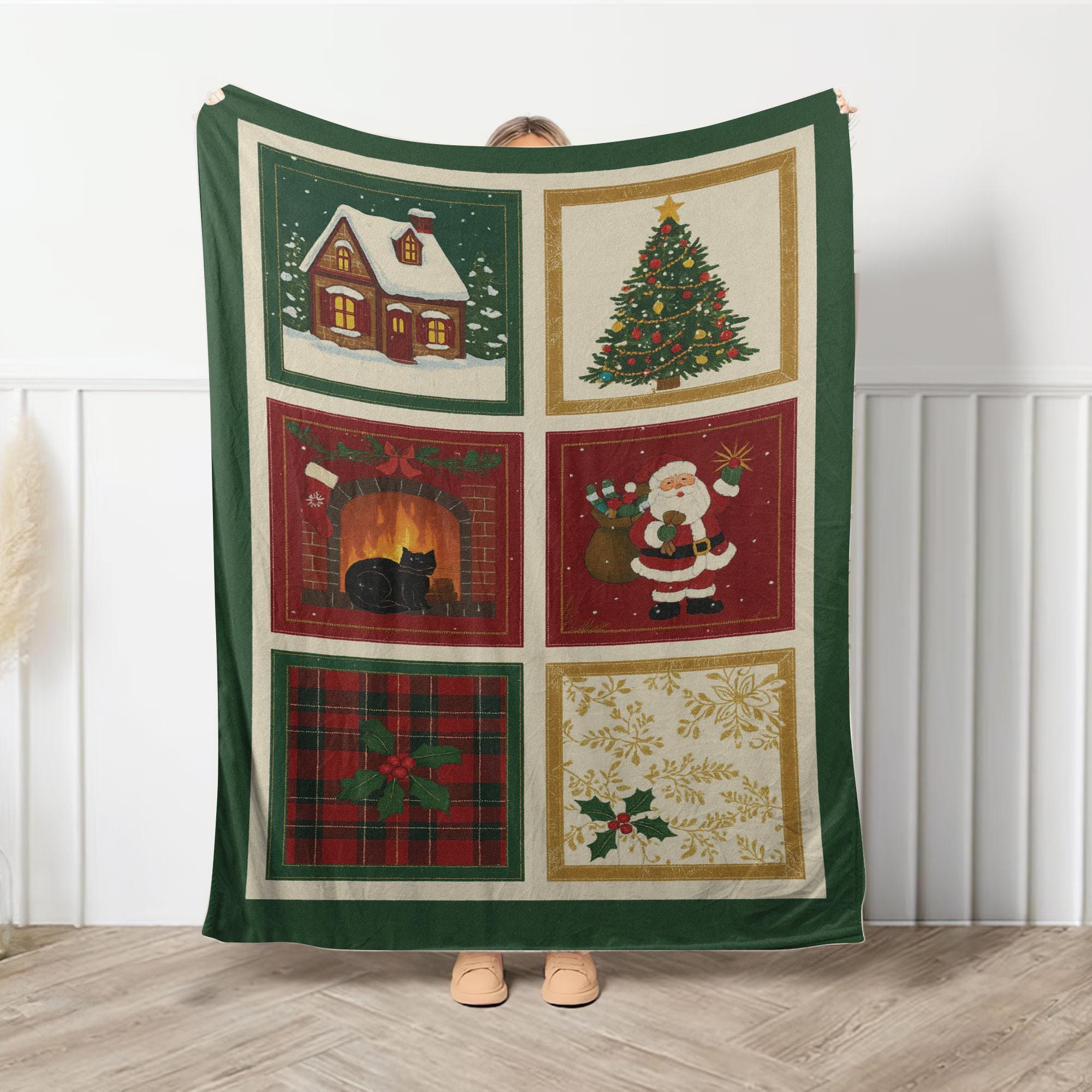 Christmas Fleece Blanket | Holiday Patchwork style Santa Tree Decor