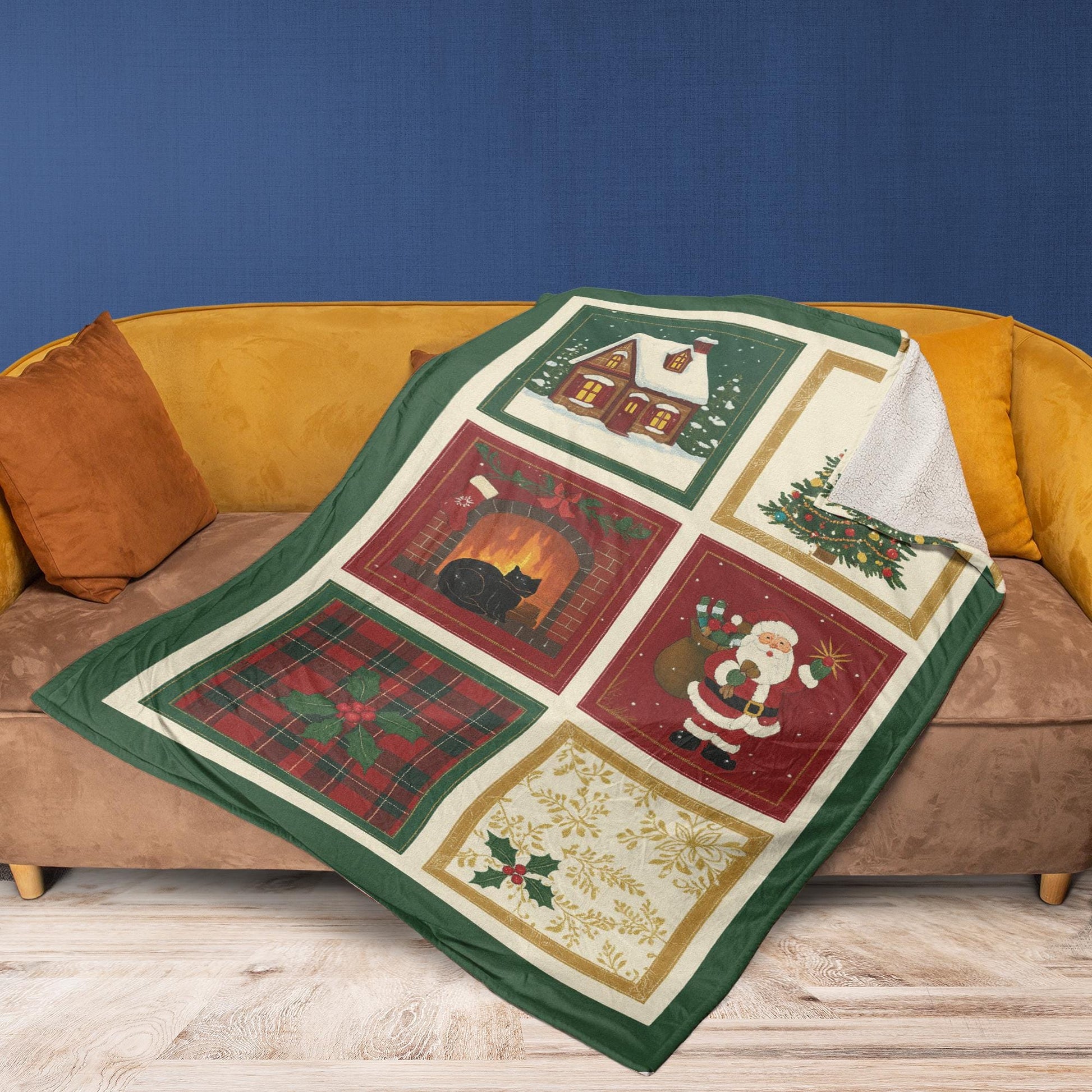 Christmas Fleece Blanket | Holiday Patchwork style Santa Tree Decor