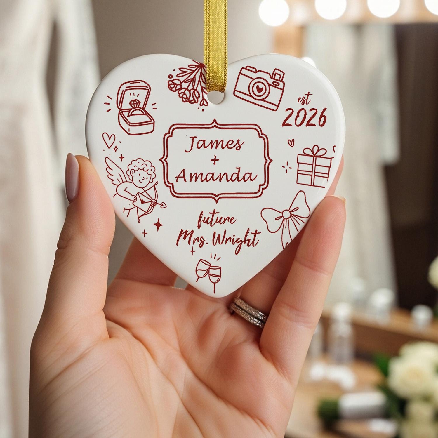 Custom Wedding Ceramic Ornament | Personalized Engagement Gift for Bride to Be