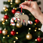Sloth Christmas Ornament – Acrylic Hanging Decoration with Candy Cane and Santa Hat Design