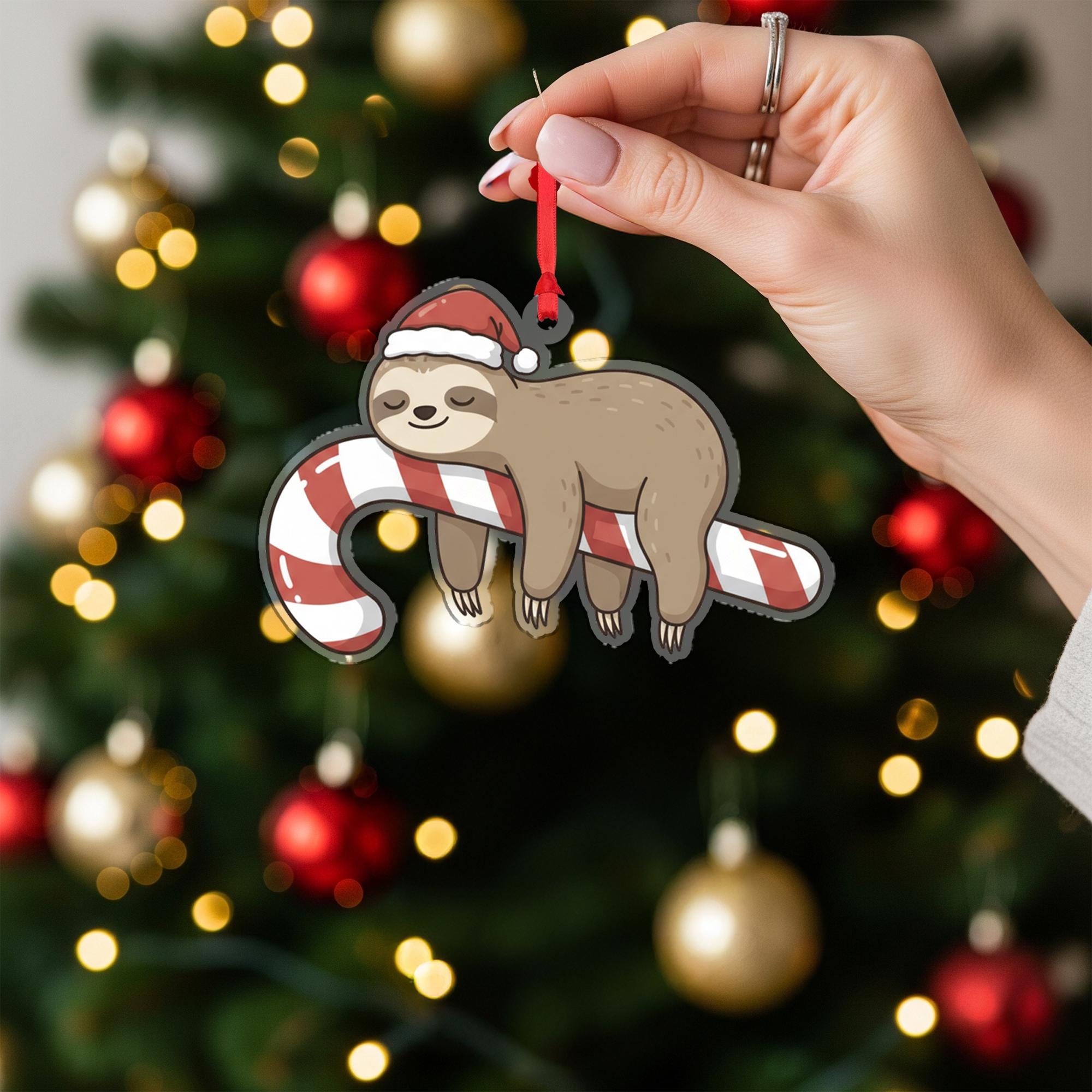 Sloth Christmas Ornament – Acrylic Hanging Decoration with Candy Cane and Santa Hat Design