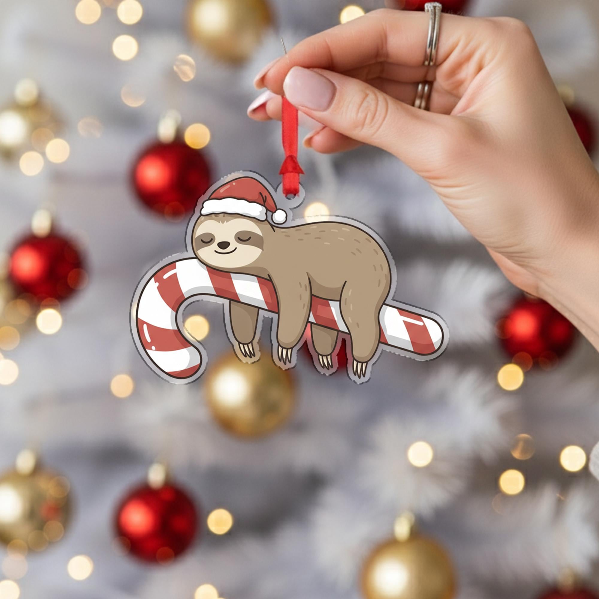 Sloth Christmas Ornament – Acrylic Hanging Decoration with Candy Cane and Santa Hat Design