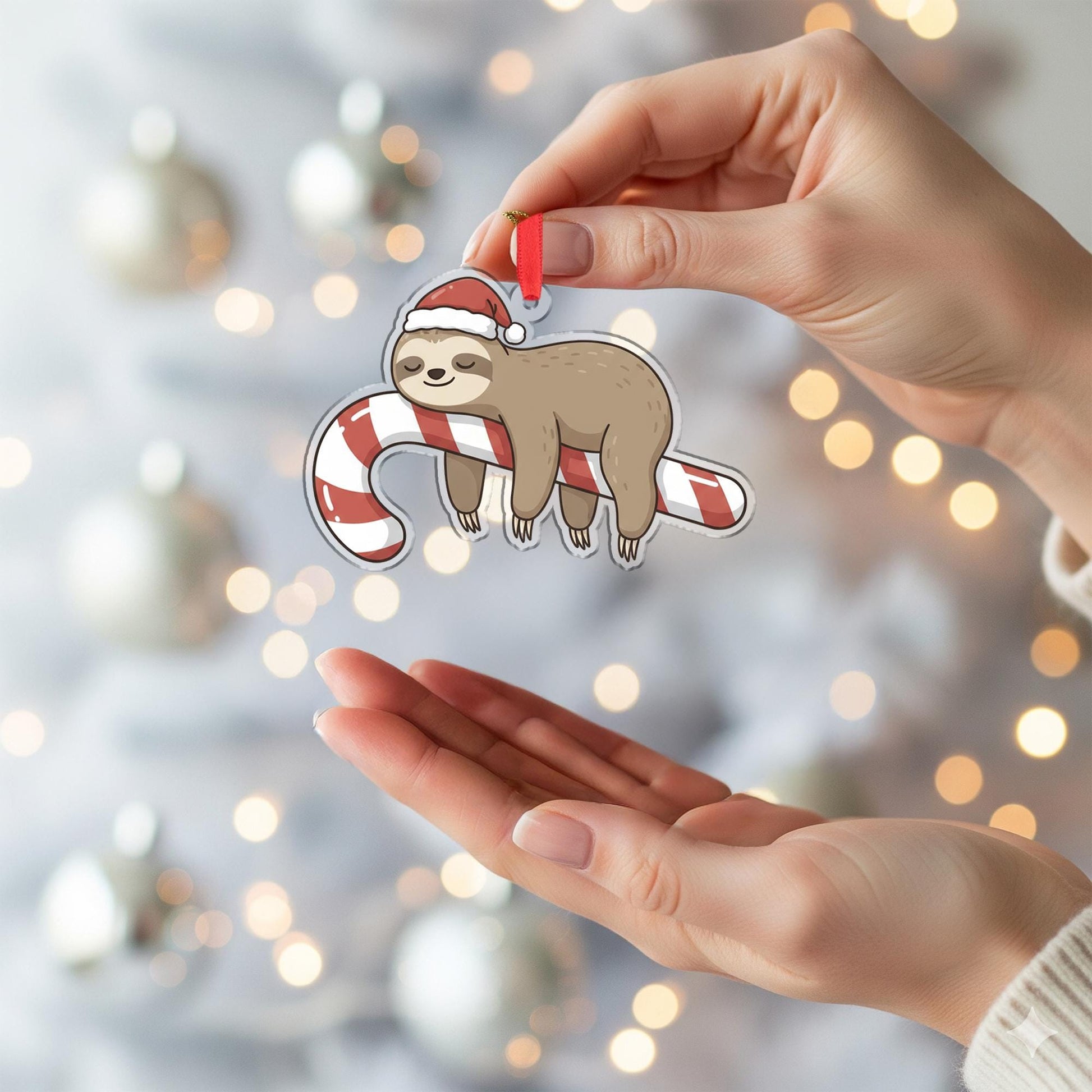 Sloth Christmas Ornament – Acrylic Hanging Decoration with Candy Cane and Santa Hat Design