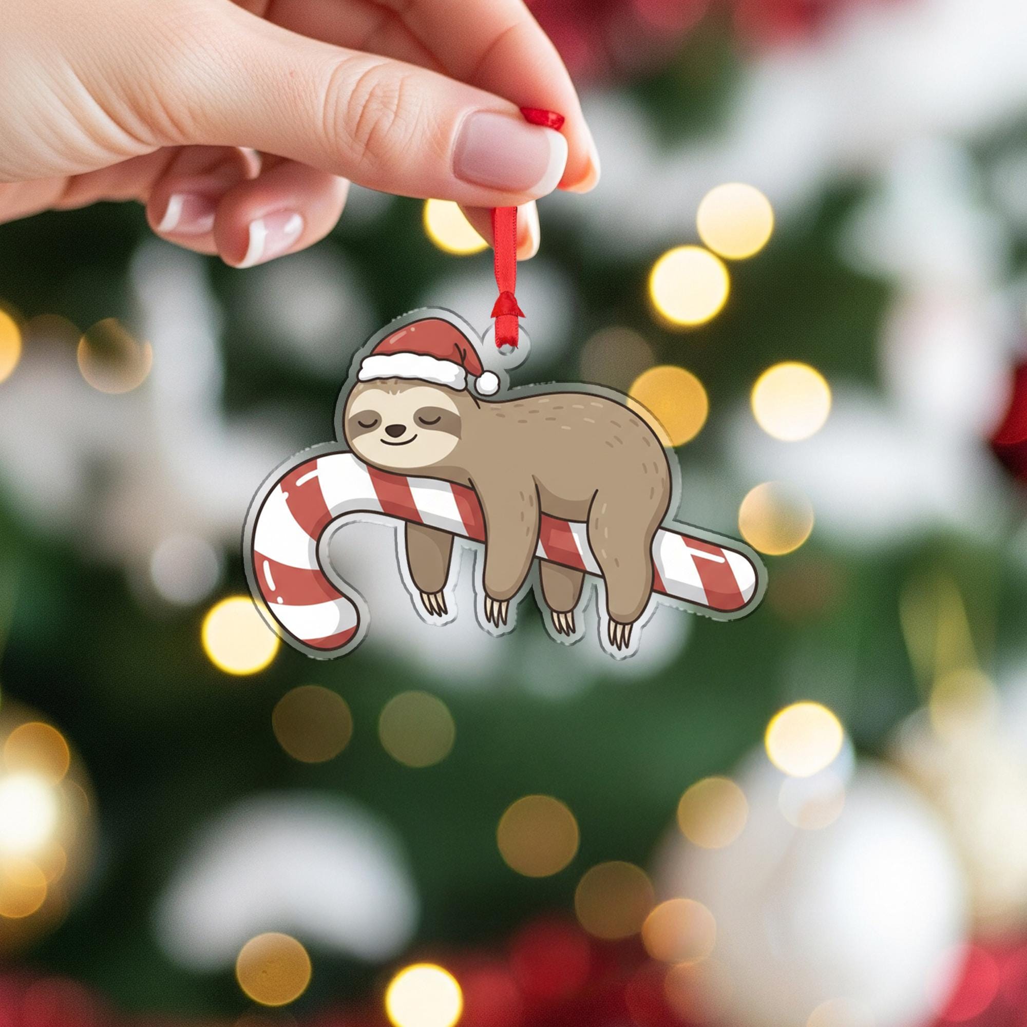 Sloth Christmas Ornament – Acrylic Hanging Decoration with Candy Cane and Santa Hat Design
