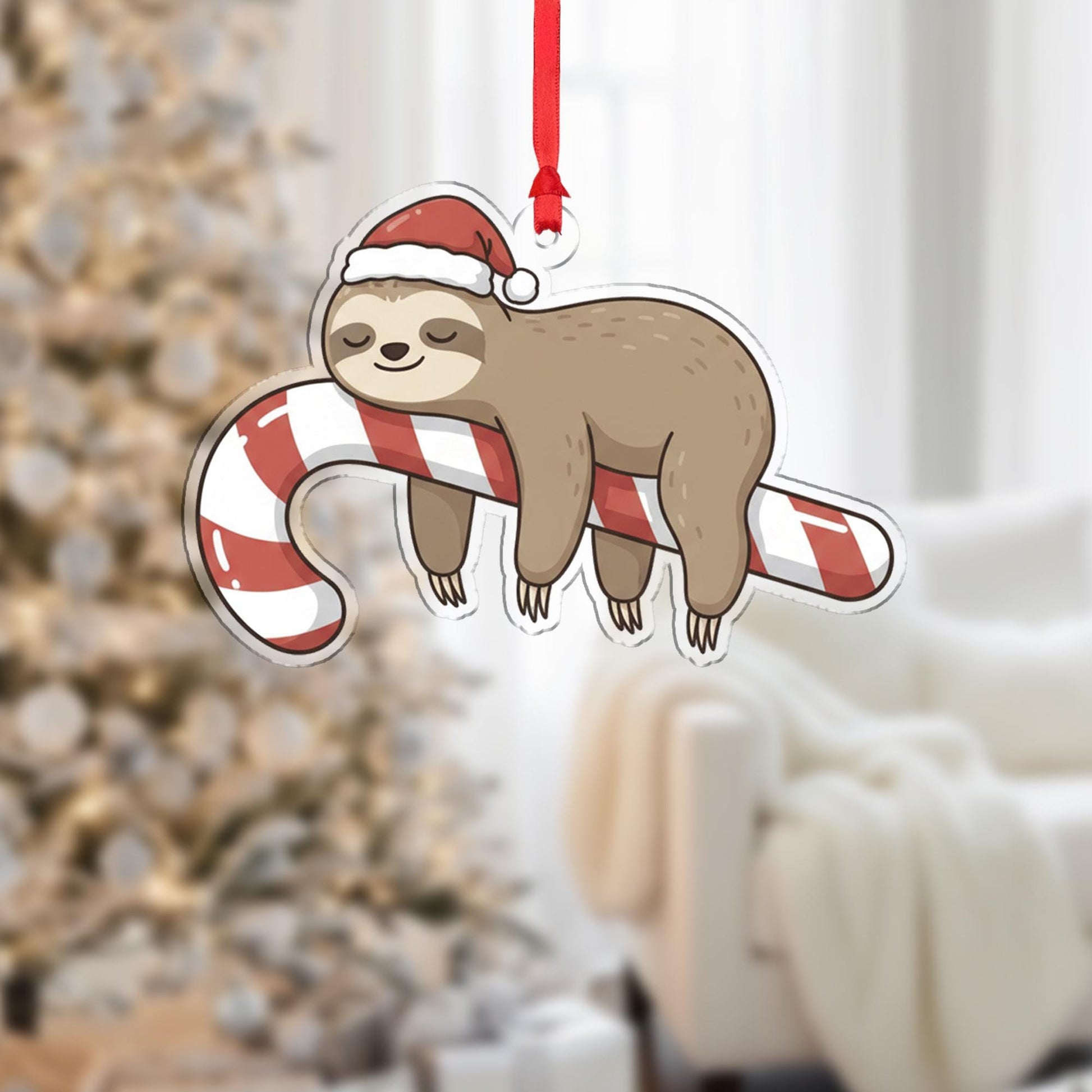 Sloth Christmas Ornament – Acrylic Hanging Decoration with Candy Cane and Santa Hat Design