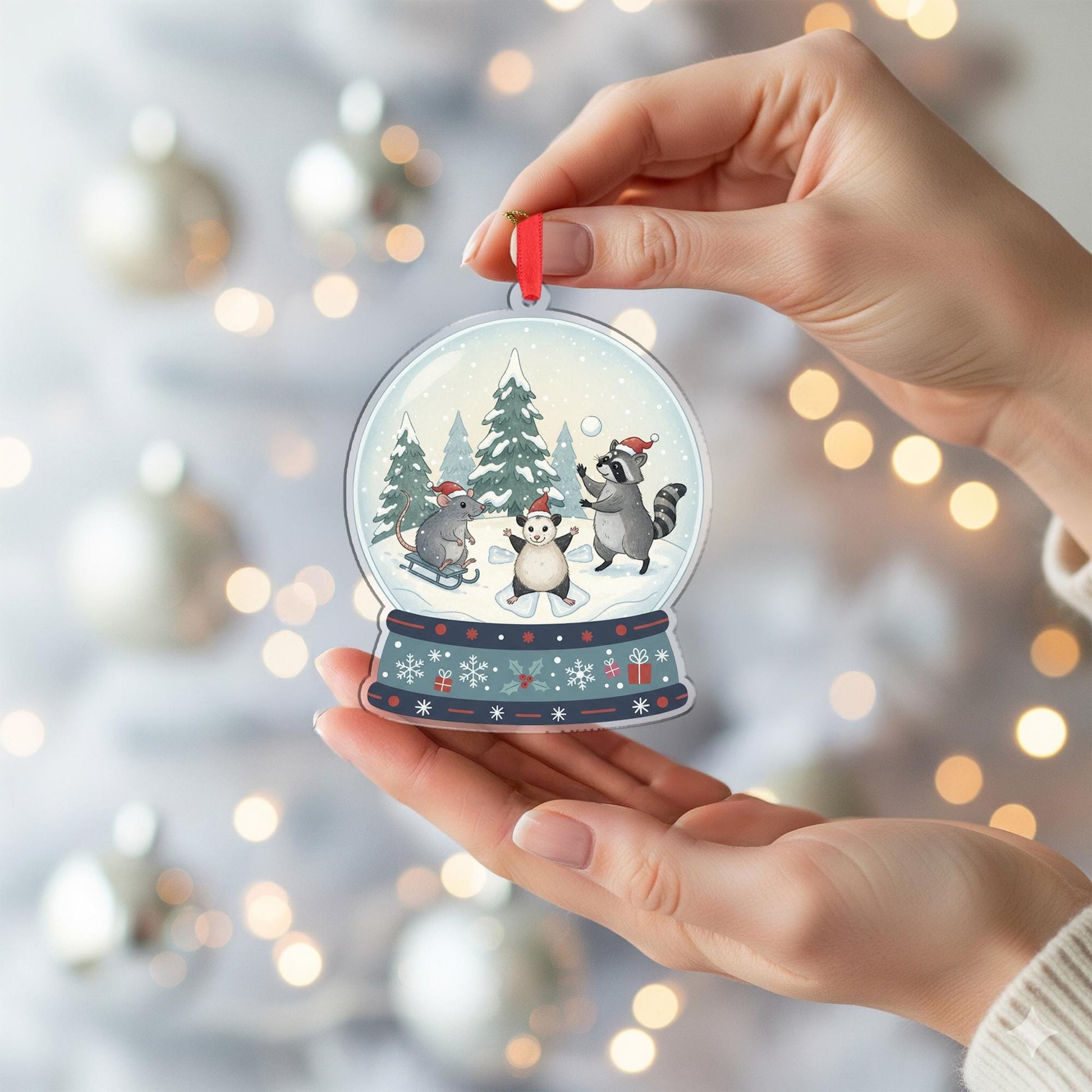 Woodland Animal Snow Globe Christmas Ornament – Acrylic Hanging Decoration with Mouse Raccoon Bear Design