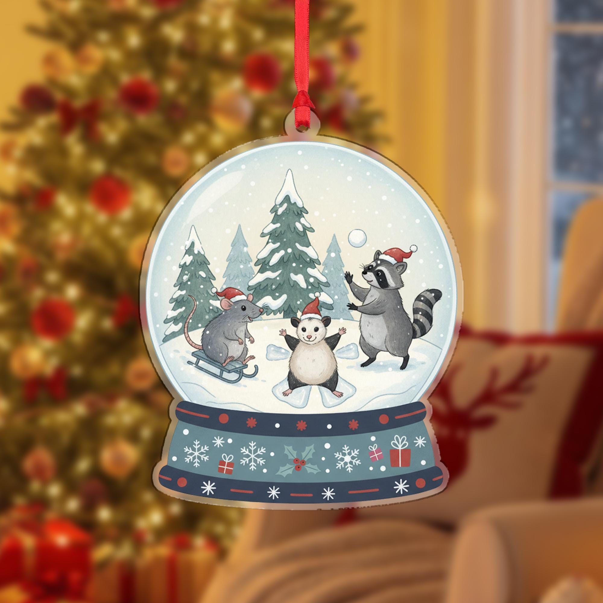 Woodland Animal Snow Globe Christmas Ornament – Acrylic Hanging Decoration with Mouse Raccoon Bear Design