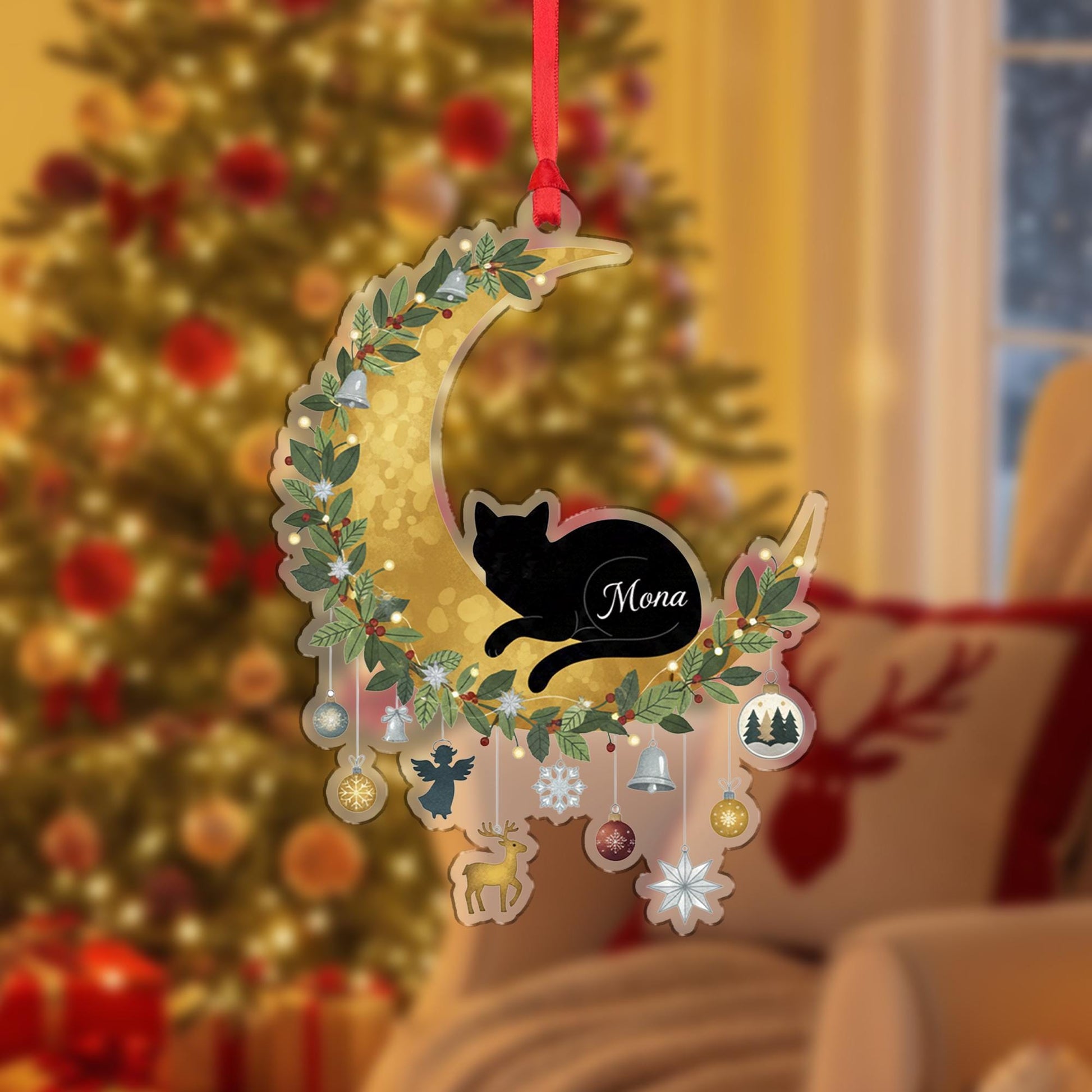 Personalized Cat Moon Christmas Ornament – Acrylic Hanging Decoration with Gold Crescent and Holiday Charms