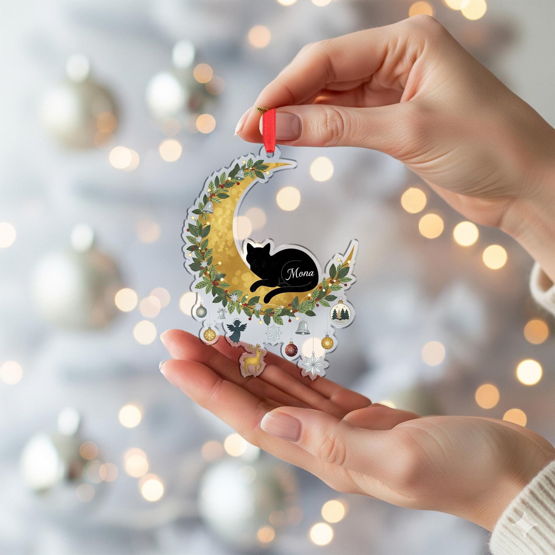 Personalized Cat Moon Christmas Ornament – Acrylic Hanging Decoration with Gold Crescent and Holiday Charms