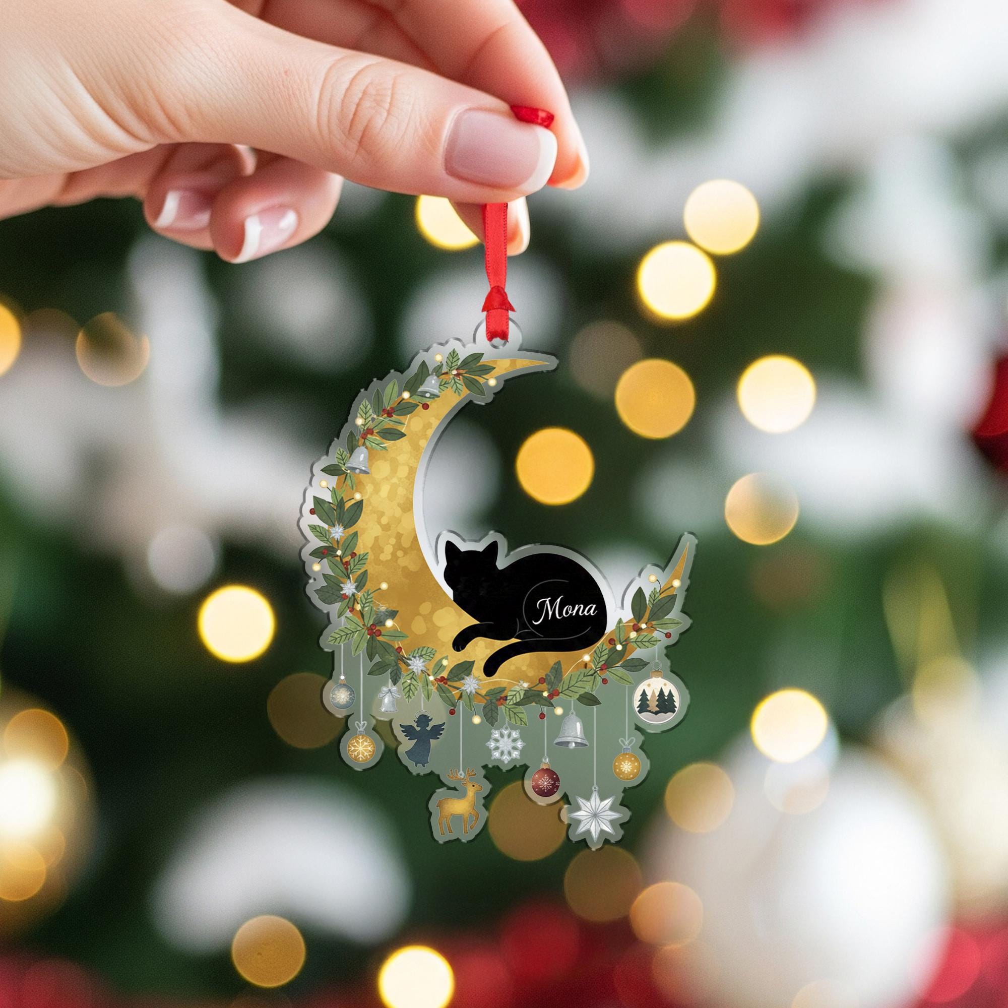 Personalized Cat Moon Christmas Ornament – Acrylic Hanging Decoration with Gold Crescent and Holiday Charms