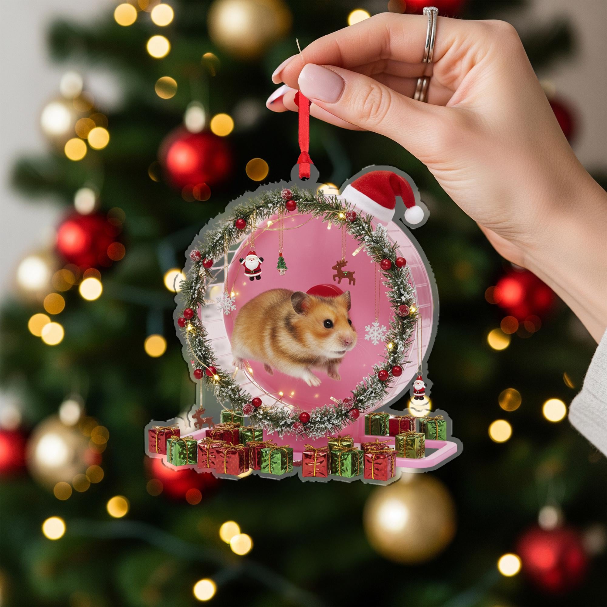 Hamster Christmas Ornament – Acrylic Hanging Decoration with Santa Hat and Gift Box Design