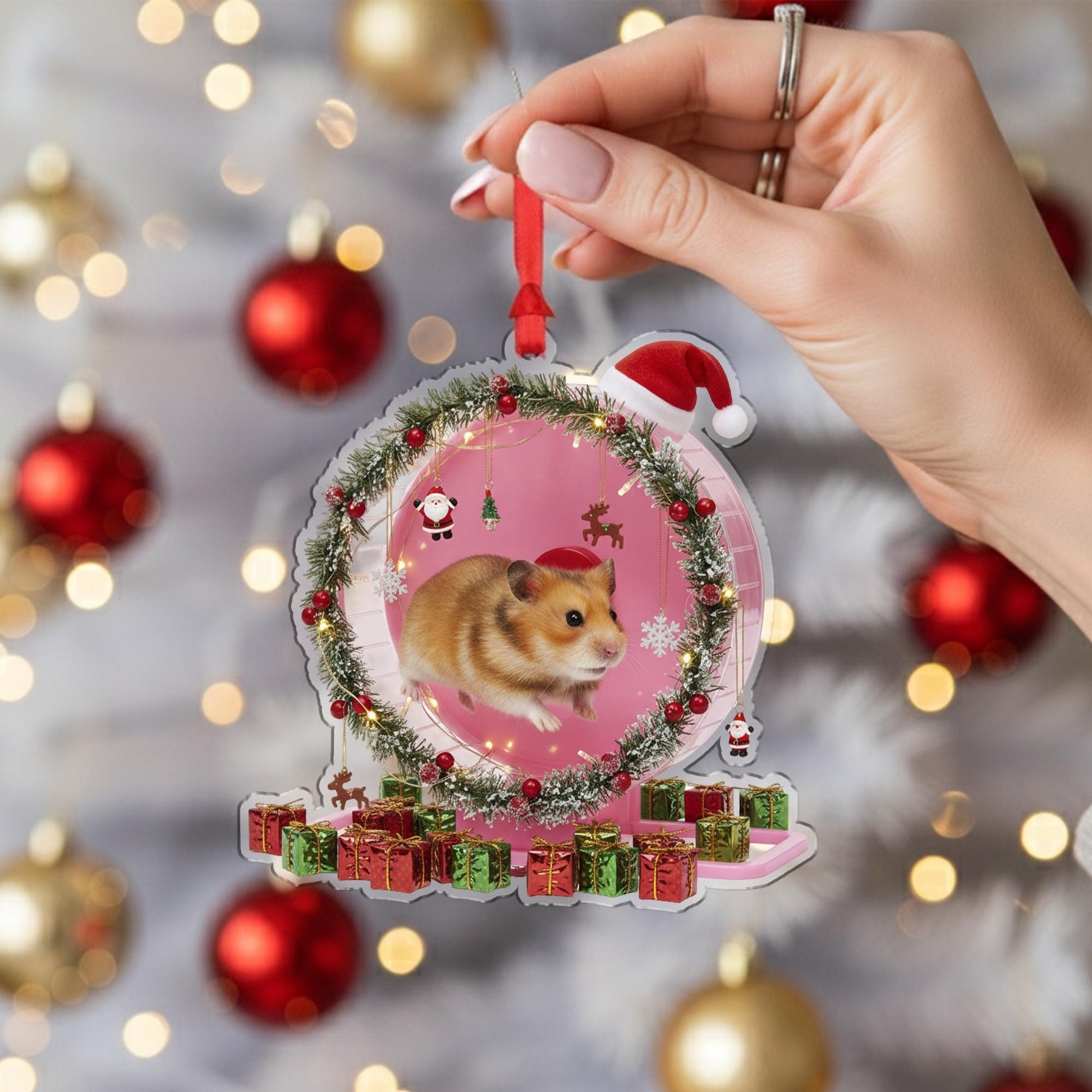 Hamster Christmas Ornament – Acrylic Hanging Decoration with Santa Hat and Gift Box Design