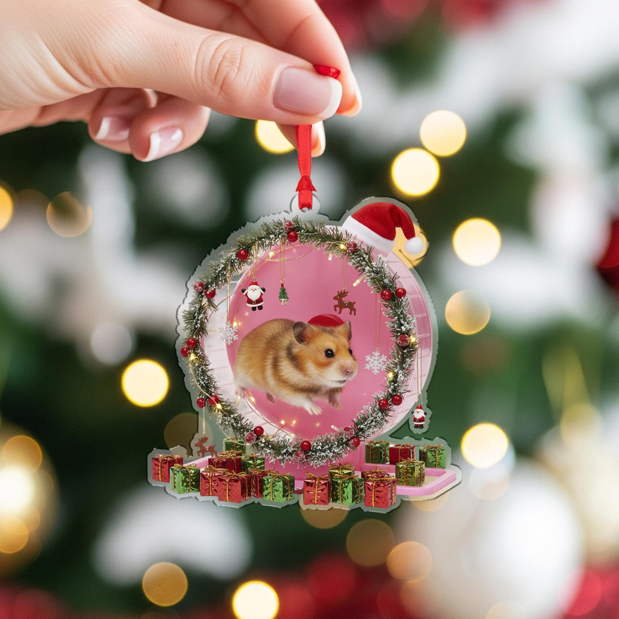 Hamster Christmas Ornament – Acrylic Hanging Decoration with Santa Hat and Gift Box Design