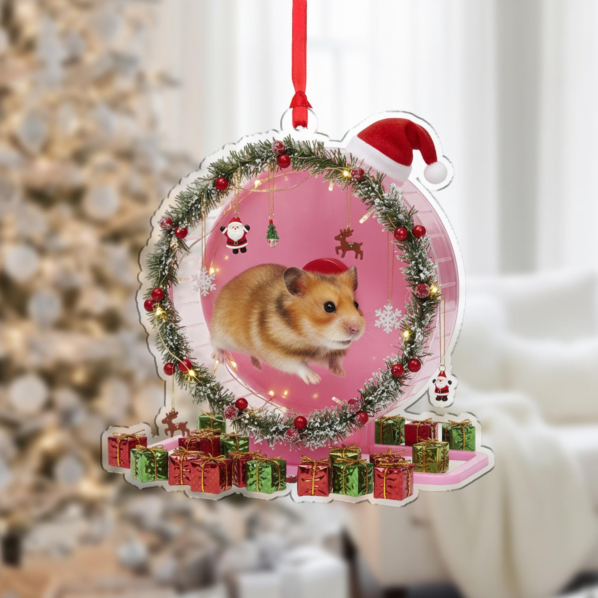 Hamster Christmas Ornament – Acrylic Hanging Decoration with Santa Hat and Gift Box Design