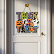 Trick or Treat Wooden Sign, Halloween Door Hanger with Ghost & Pumpkin, Spooky Porch Wall Decor, Cute Fall Party Decoration
